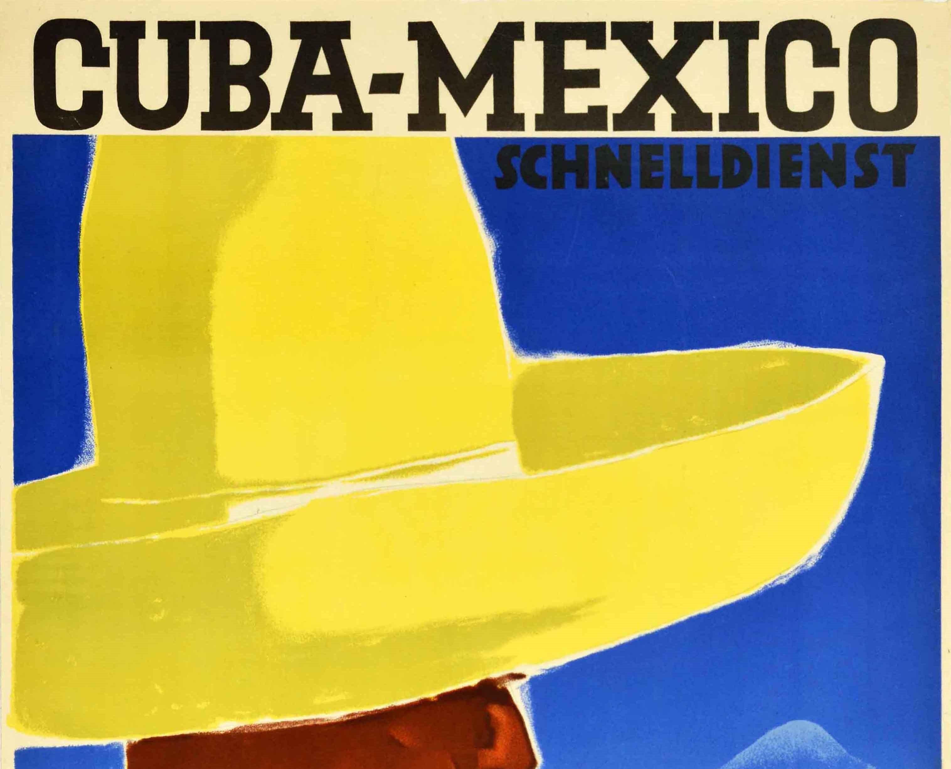 Original vintage travel poster advertising express cruise trips - Cuba Mexico Schnelldienst Norddeutscher Lloyd Bremen - featuring a colourful illustration of a man in a traditional yellow hat with a large earring and wearing colourful clothing