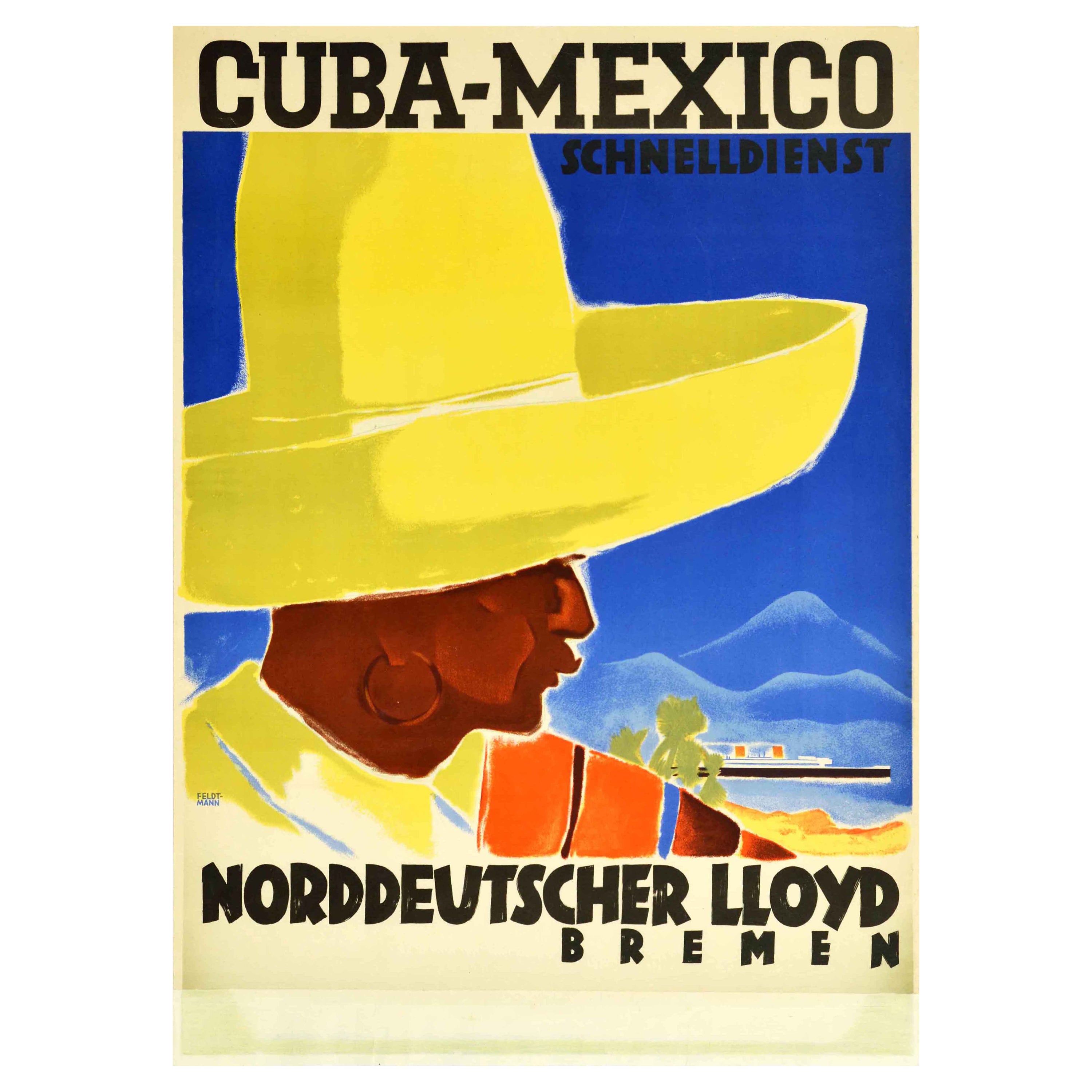 Original Vintage-Reiseplakat, Kreuzfahrt, Reise, Kuba, Mexiko, Norddeutscher Lloyd, Dampfschiff