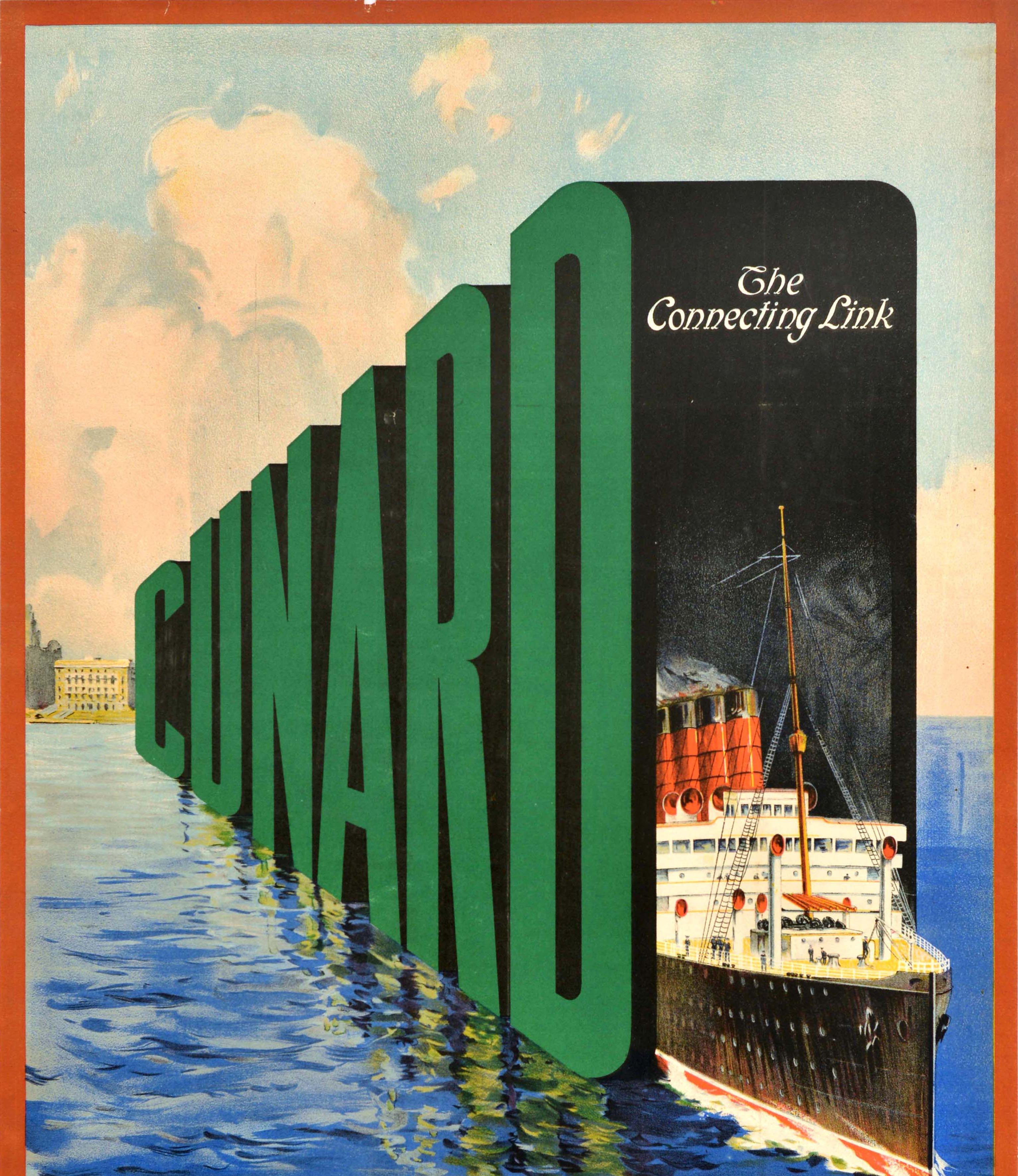 Britannique Affiche vintage originale de voyage de croisière Cunard The Connecting Link Europe Amérique en vente