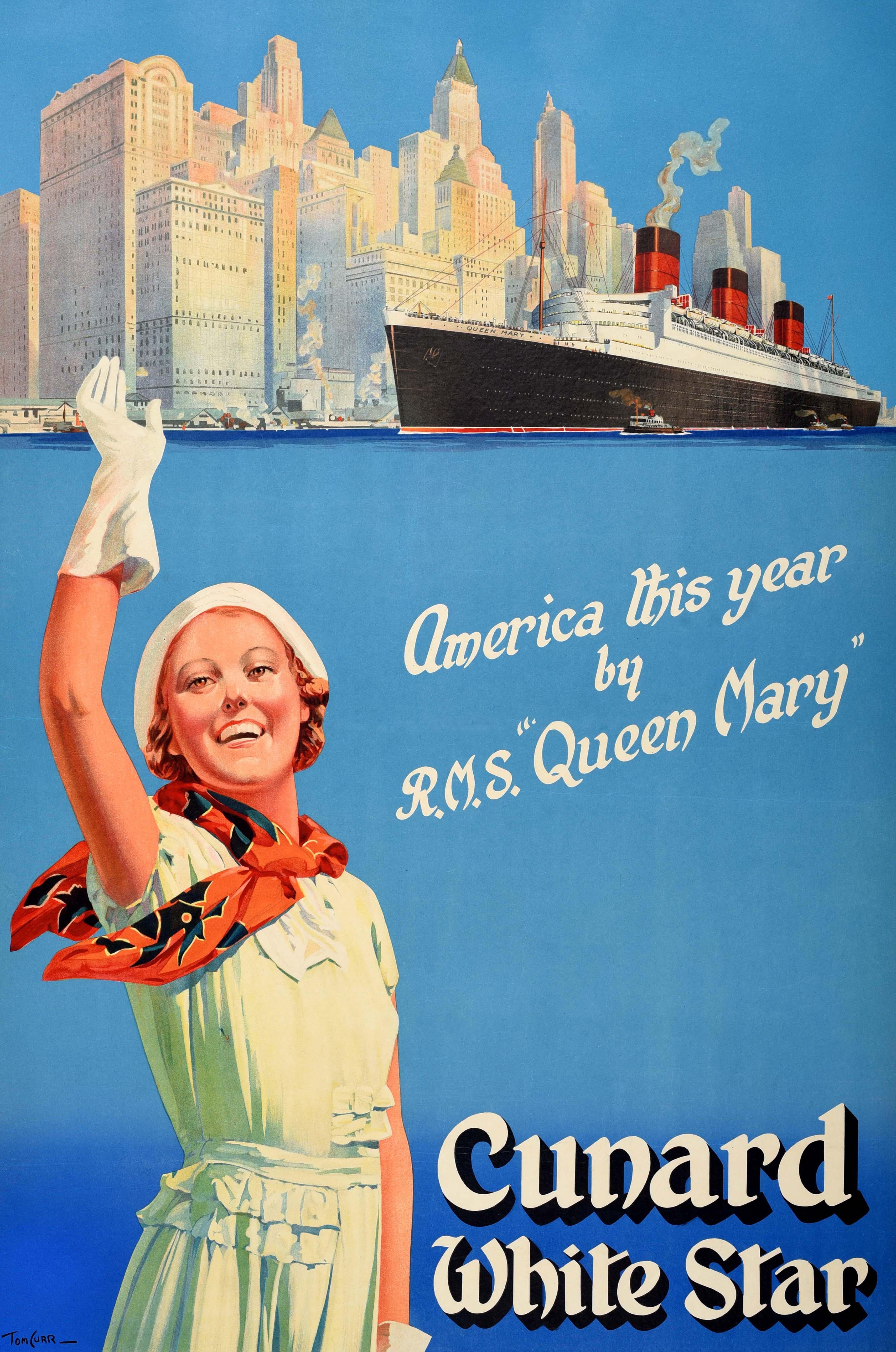 Original Vintage-Kreuzfahrtplakat für Cunard White Star - America This Year by RMS Queen Mary - mit einem farbenfrohen Art-Déco-Design von Tom Curr (1887-1958), das eine lächelnde Dame mit rotem und schwarzem Schal, Sommerkleid, weißem Hut und