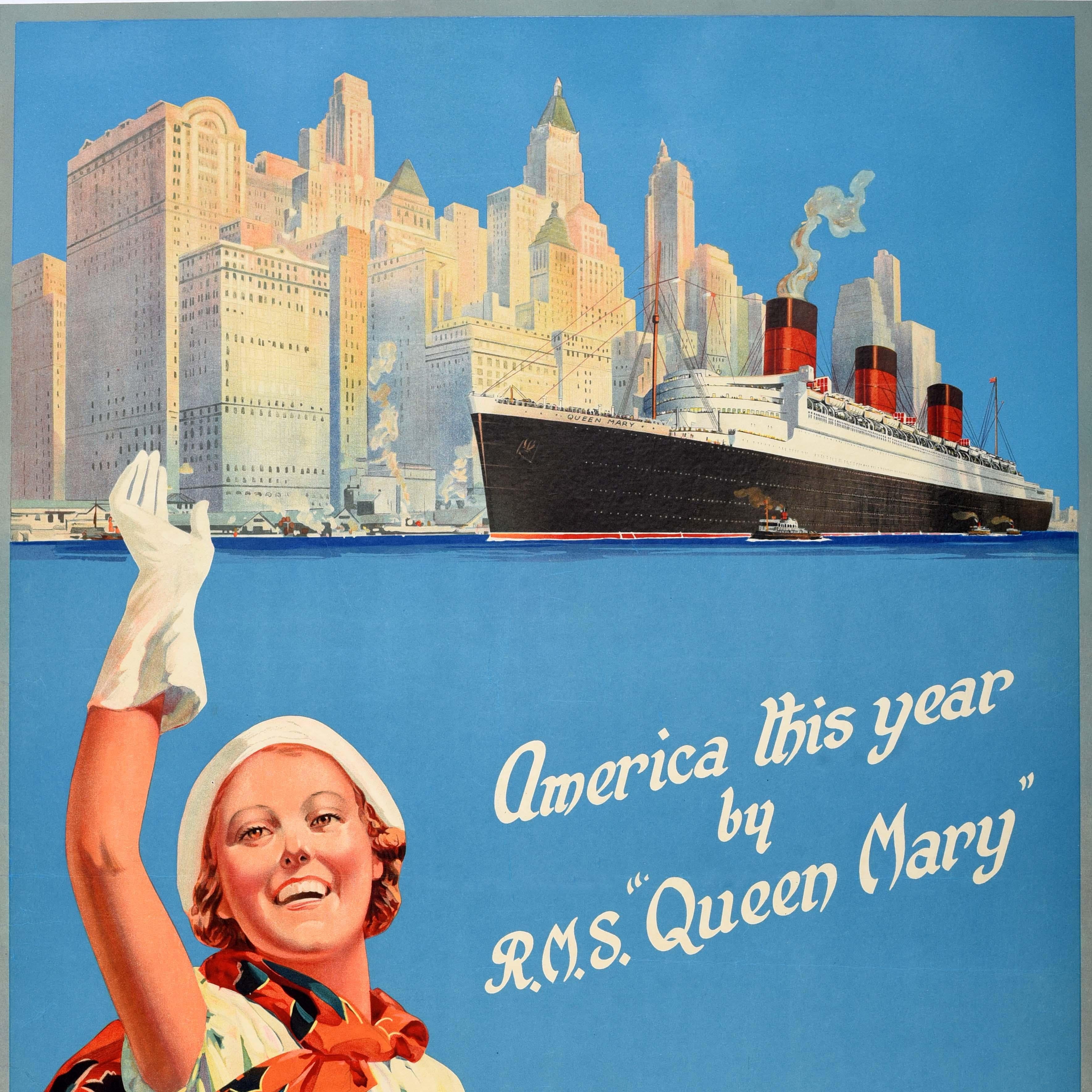 Original Vintage Kreuzfahrt-Reiseplakat Cunard White Star America RMS Queen Mary, RMS Queen Mary, Original (Art déco) im Angebot