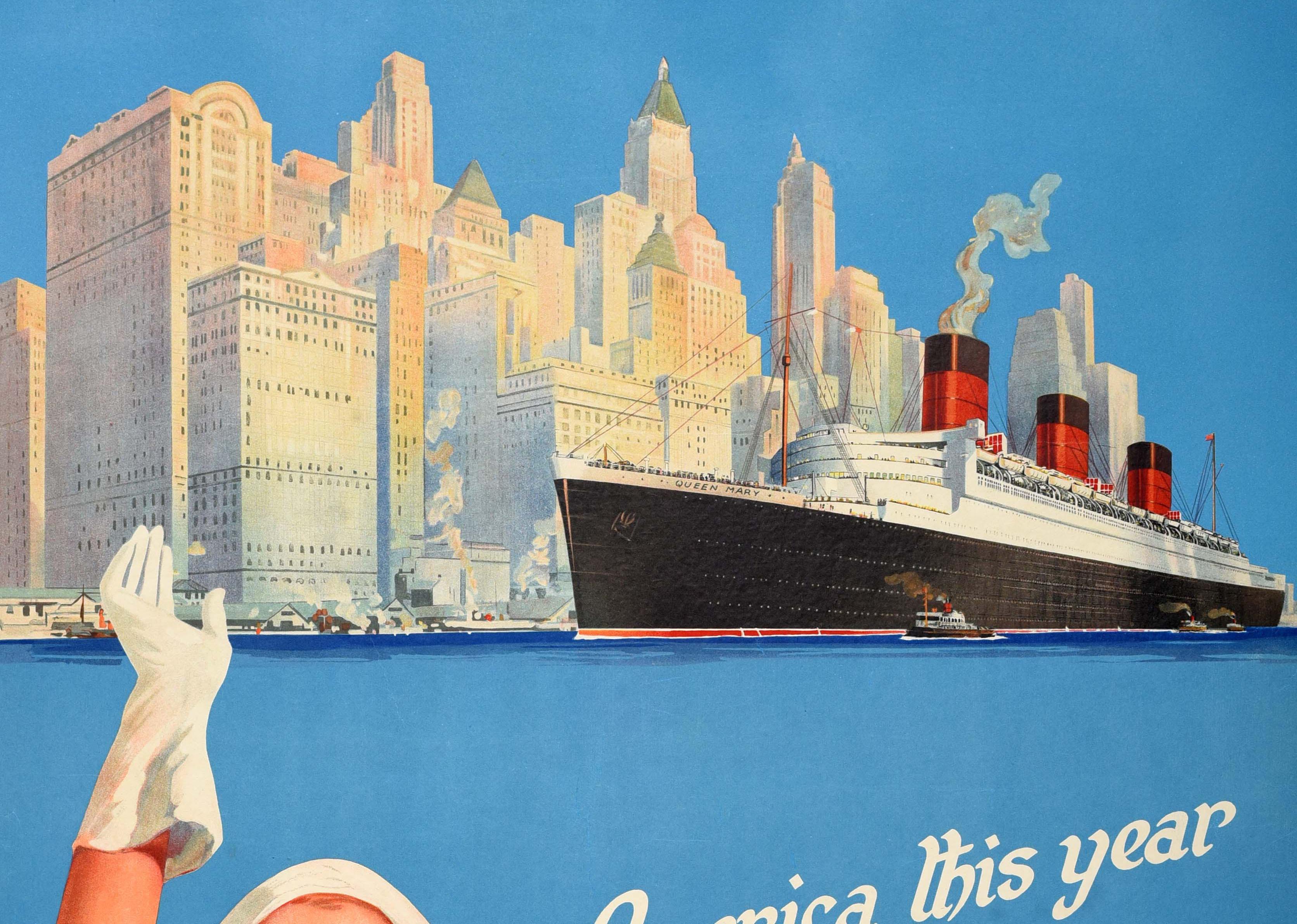 Original Vintage Kreuzfahrt-Reiseplakat Cunard White Star America RMS Queen Mary, RMS Queen Mary, Original im Zustand „Gut“ im Angebot in London, GB