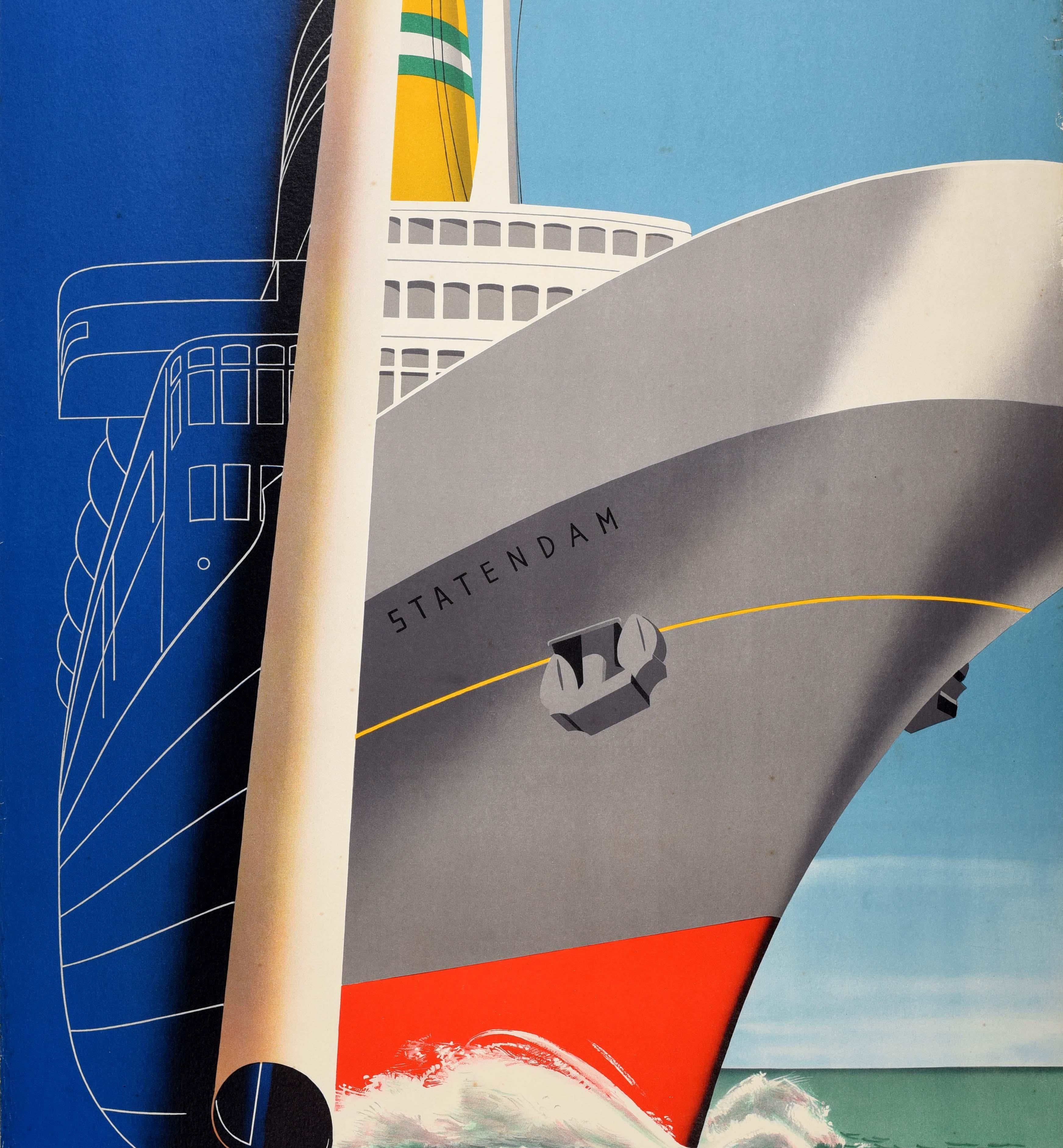 Original vintage cruise travel advertising poster - SS Statendam Now building Ready early 1957 achievement! Holland-America Line - featuring a great design by Reyn Dirksen (1924-1999) depicting the new ocean liner sailing at sea with a blueprint of