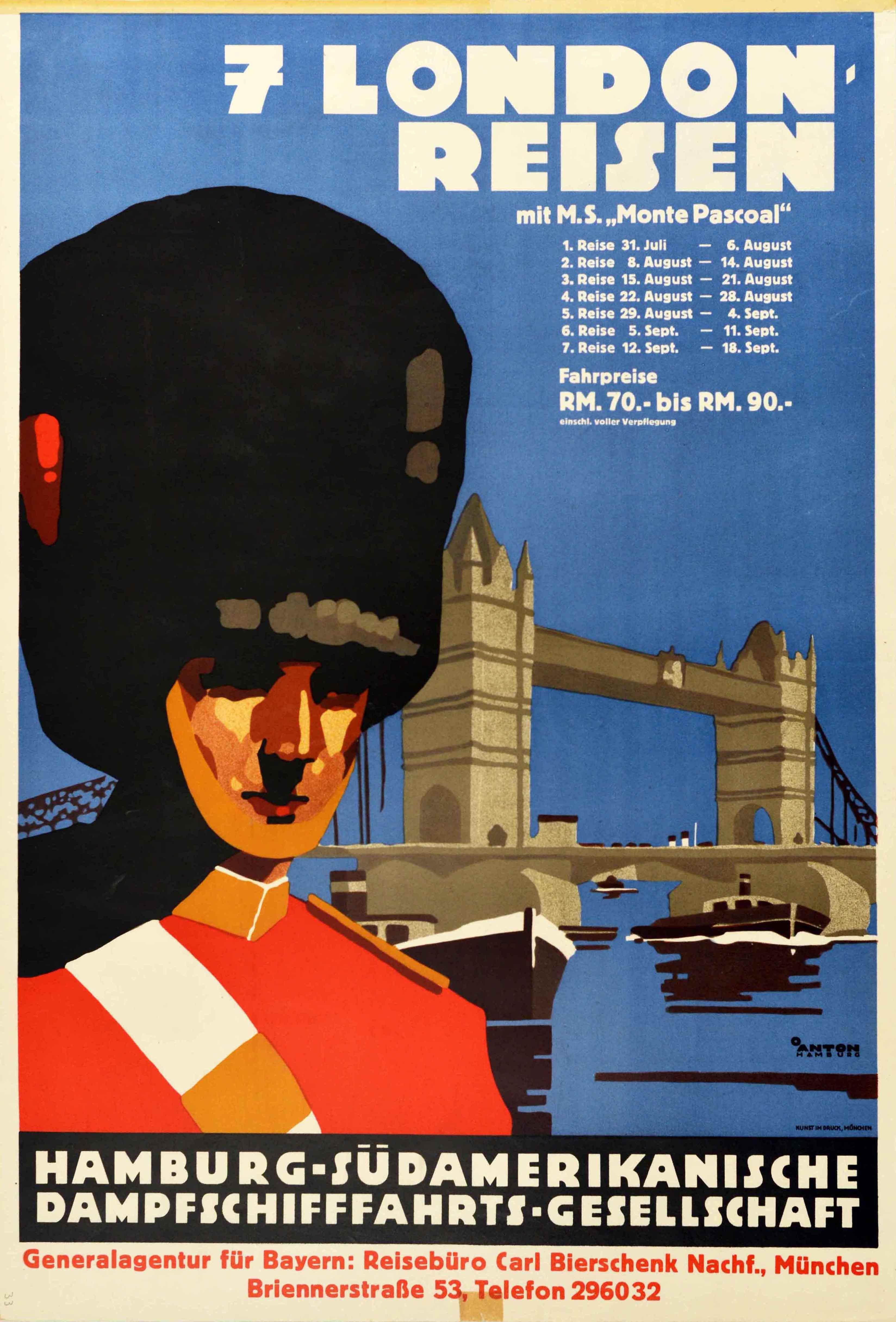 Affiche originale de croisière vintage annonçant un voyage de sept jours à Londres sur le M.S. Monte Pascoal en juillet, août et septembre de RM70-90 en pension complète avec la Hamburg Sud Hamburg South America Steamship Company / 7 London reisen