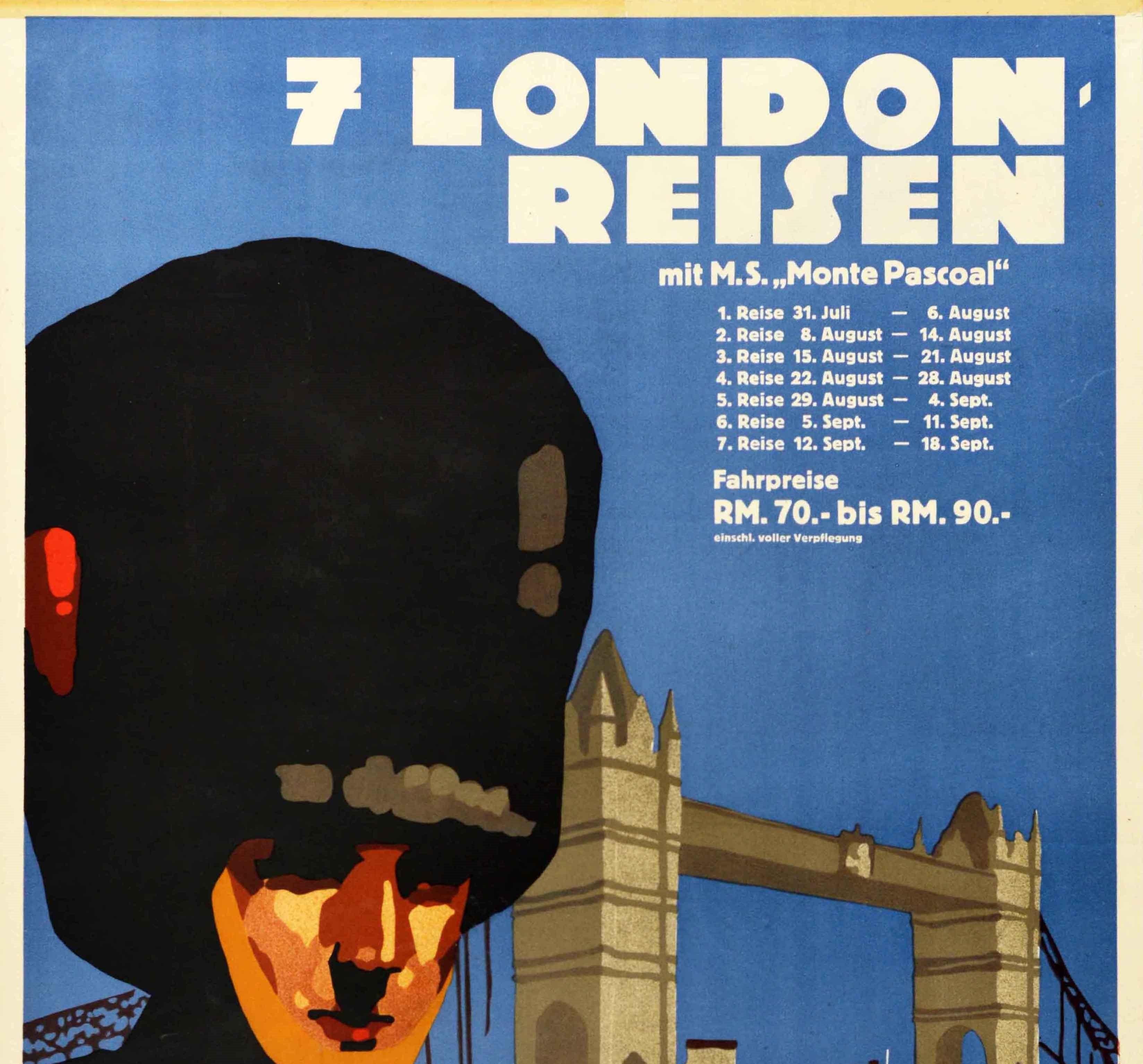 Allemand Affiche rétro originale de voyage de croisière, Londres Le pont de la Tour Thames de la Royal Guard en vente