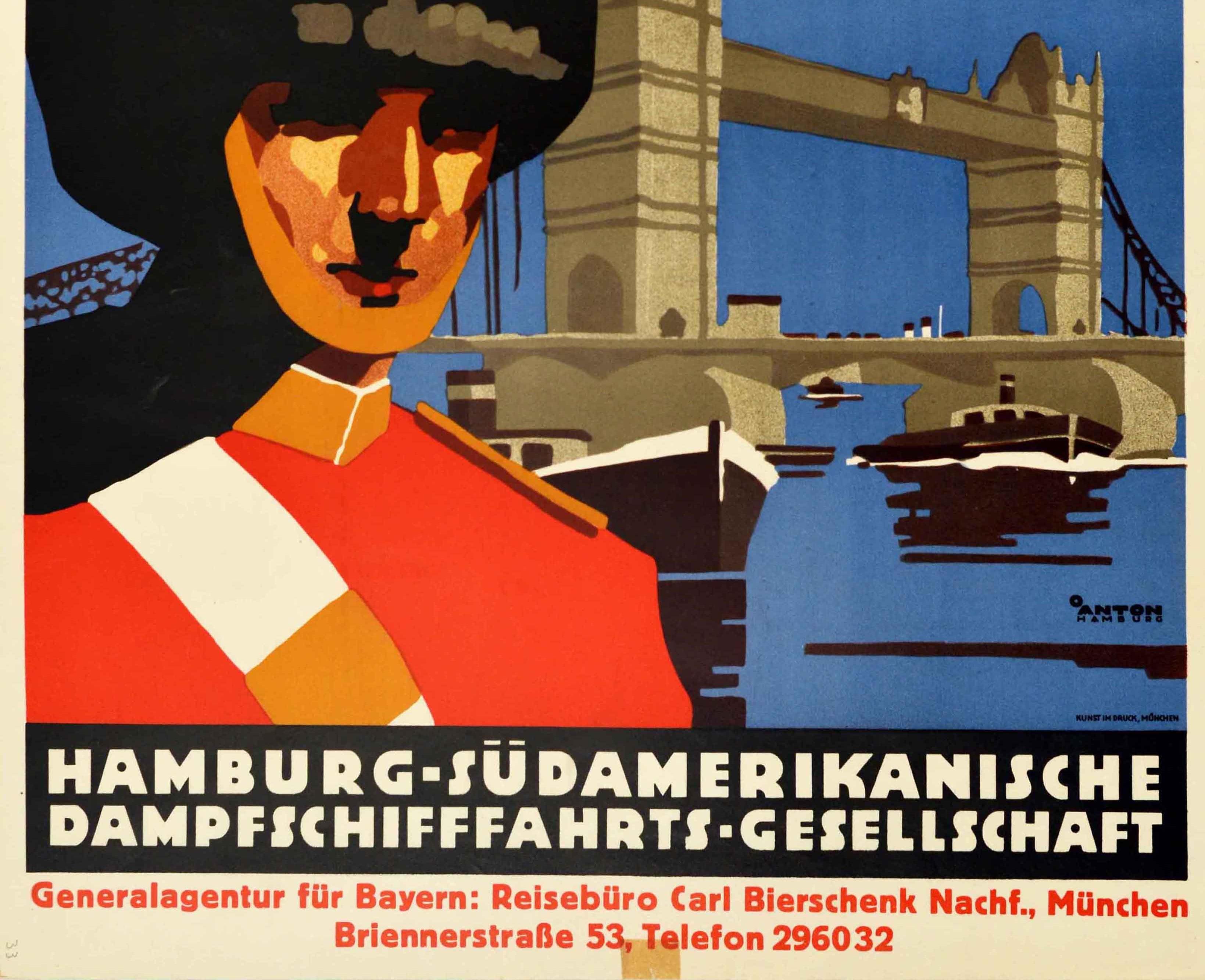 German Original Vintage Cruise Travel Poster London Ft. Royal Guard Tower Bridge Thames For Sale