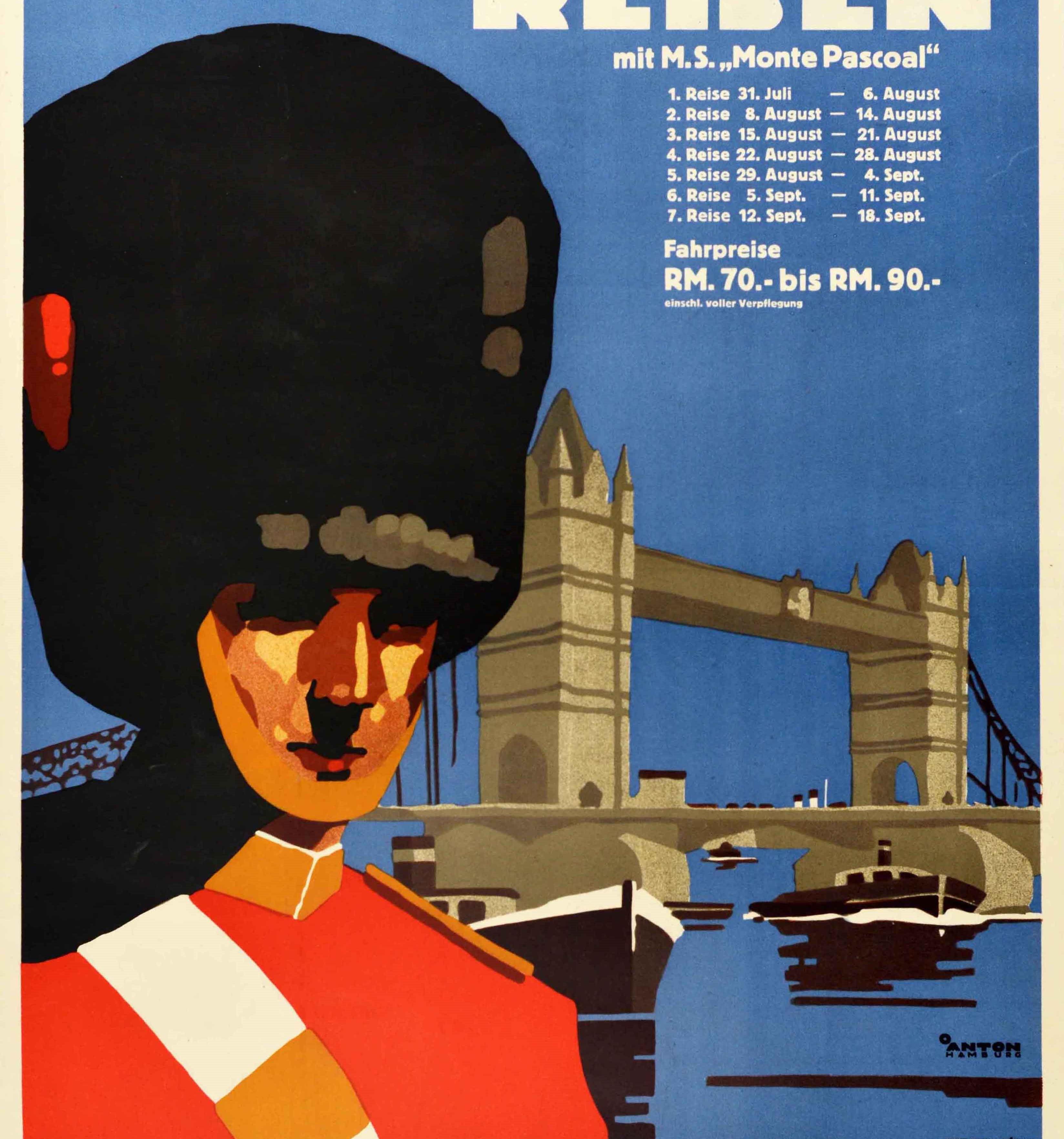 Early 20th Century Original Vintage Cruise Travel Poster London Ft. Royal Guard Tower Bridge Thames For Sale