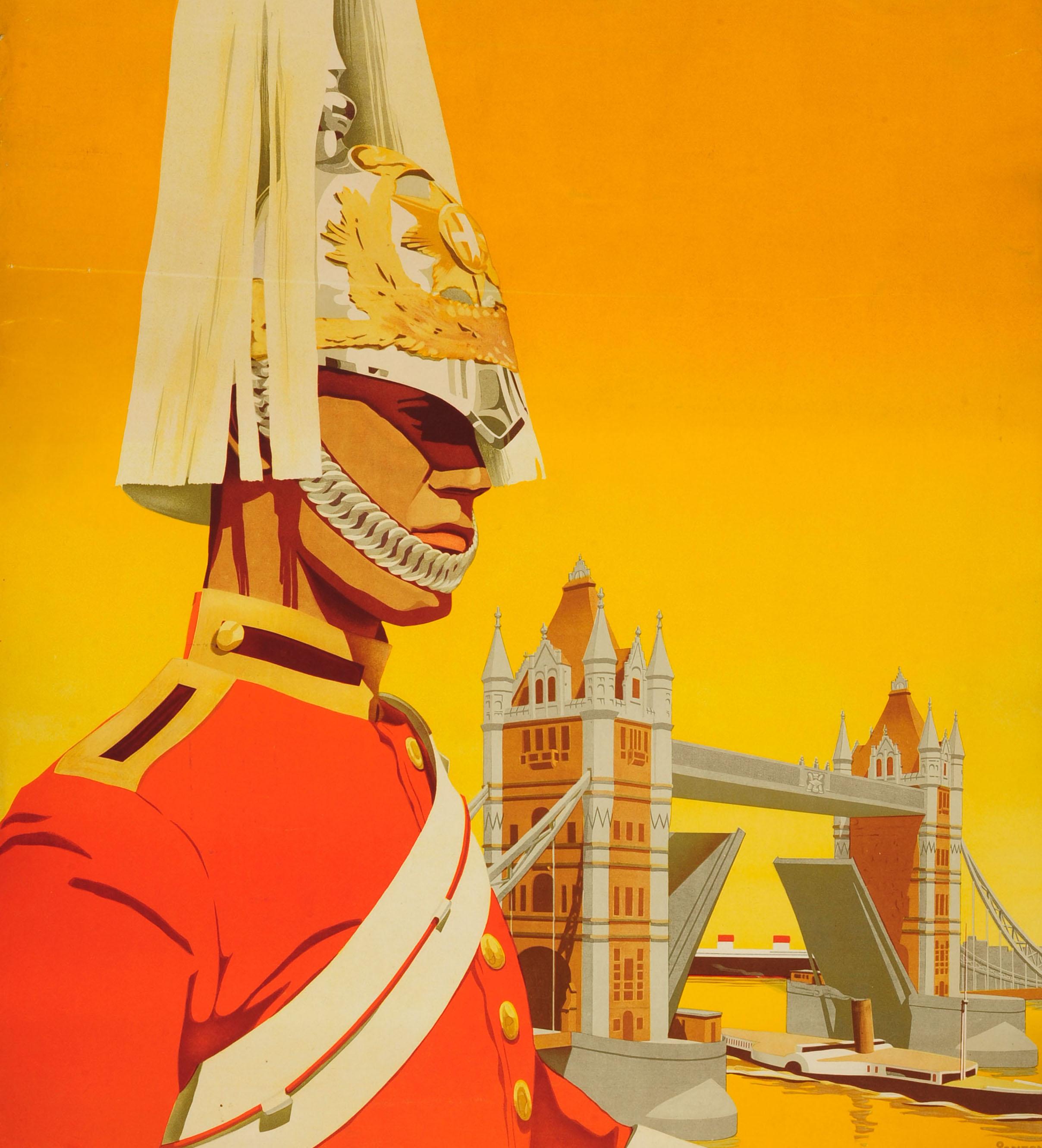 Original vintage cruise ship travel advertising poster promoting special fares from RM.65 Reichsmark offered by the Hamburg-South America Steamship company for 7 seven day trips from Hamburg in Germany to London during July August September on the