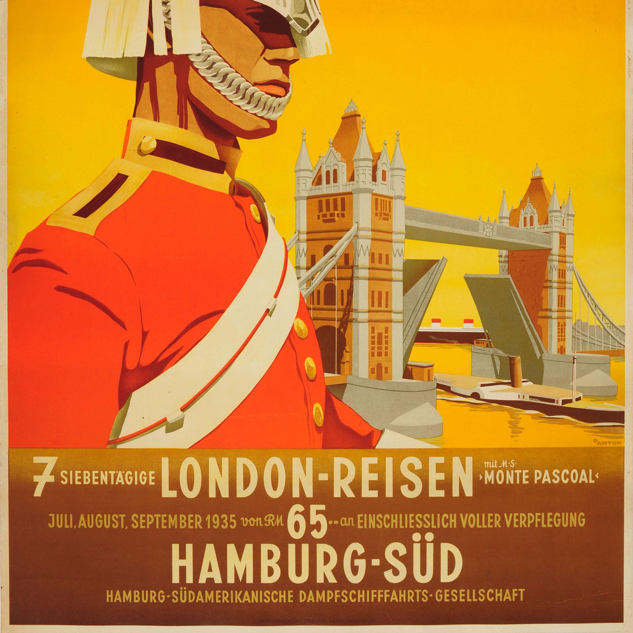 Mid-20th Century Original Vintage Cruise Travel Poster London Reisen Hamburg Sud Ottomar Anton For Sale