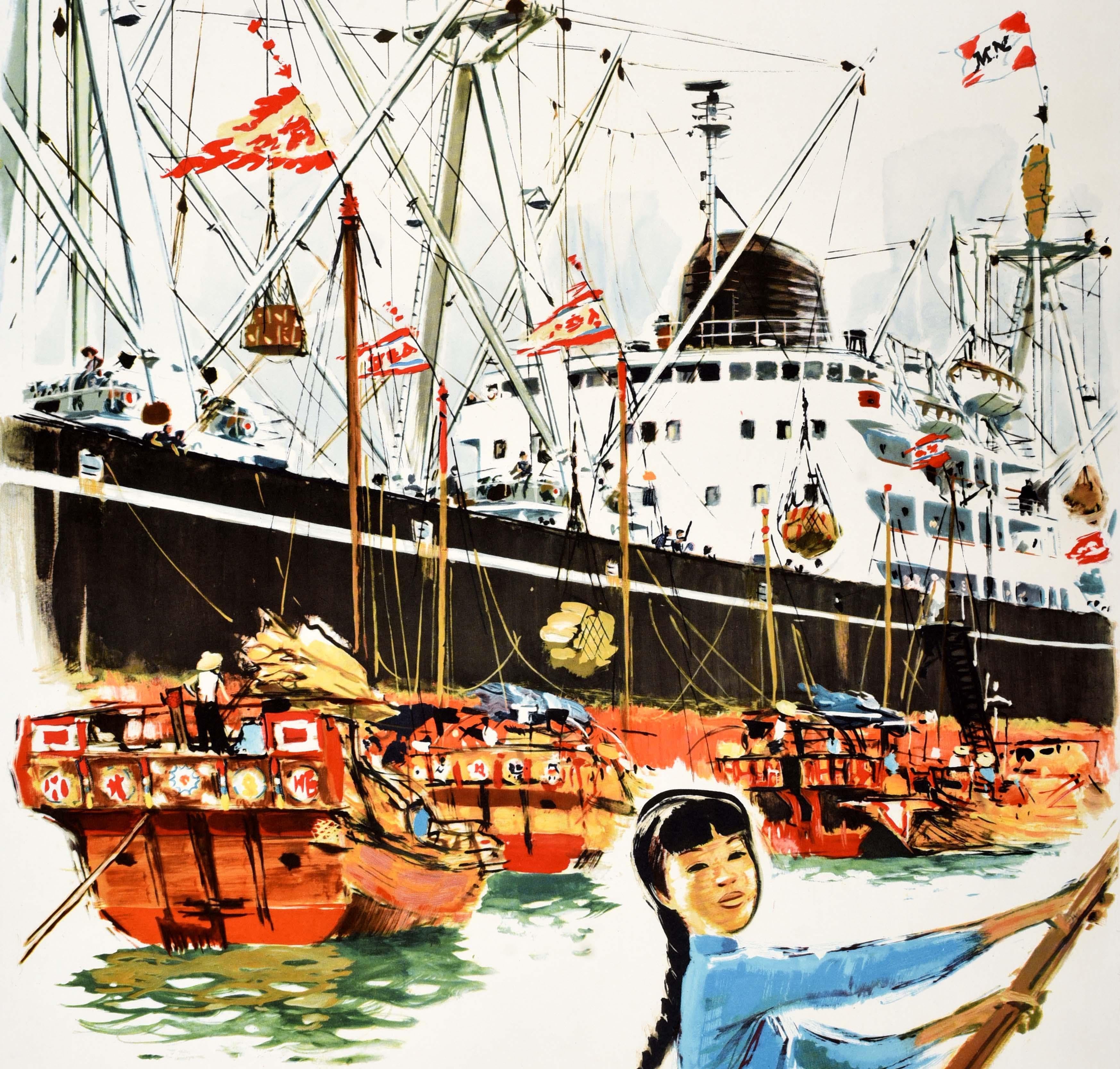 Poster da crociera originale d'epoca per Messageries Maritimes che pubblicizza viaggi di vacanza in Giappone Australia Atlantico Mare del Nord Africa del Sud - Japon Australie Atlantique Mer du Nord Afrique du Sud - con un disegno colorato di Albert