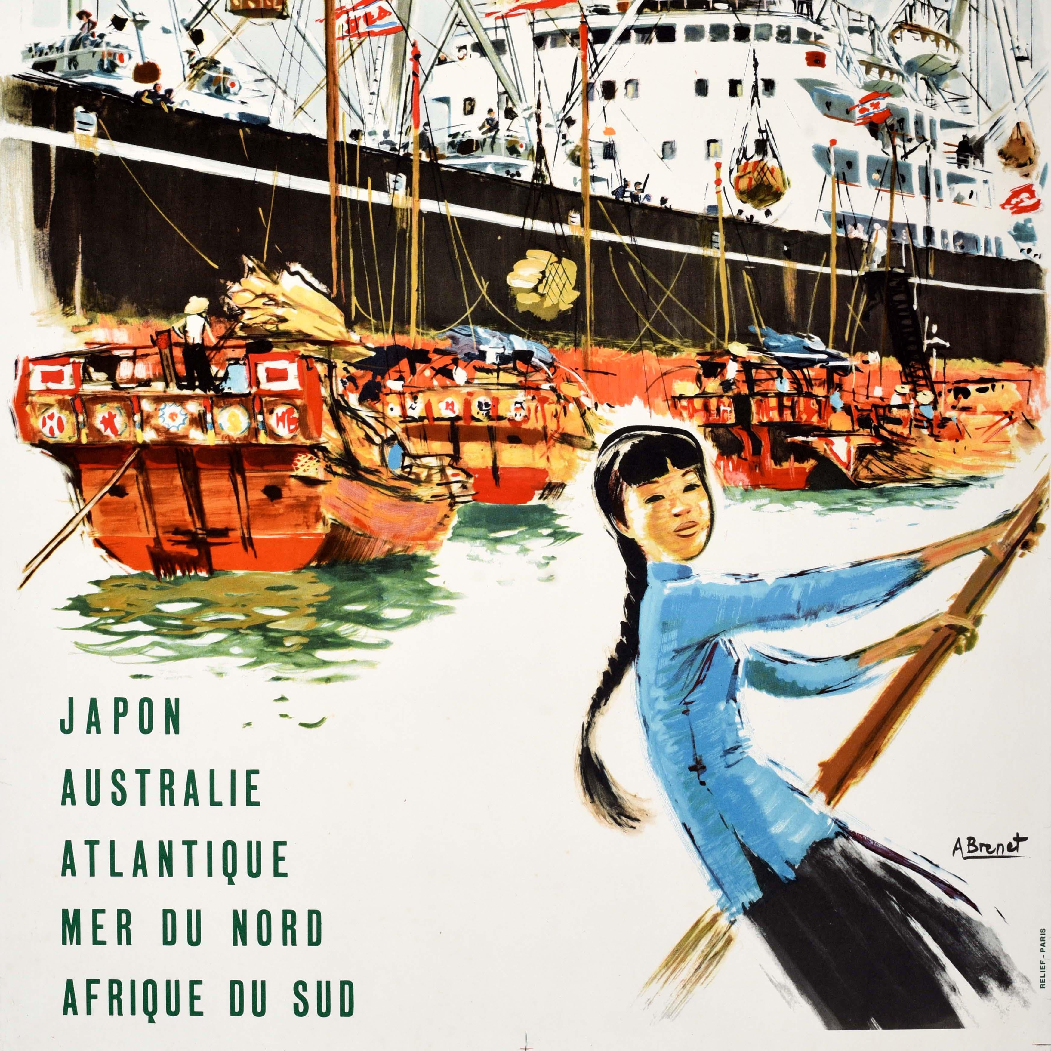 Poster da crociera originale d'epoca Messageries Maritimes Albert Brenet Asia In condizioni buone in vendita a London, GB