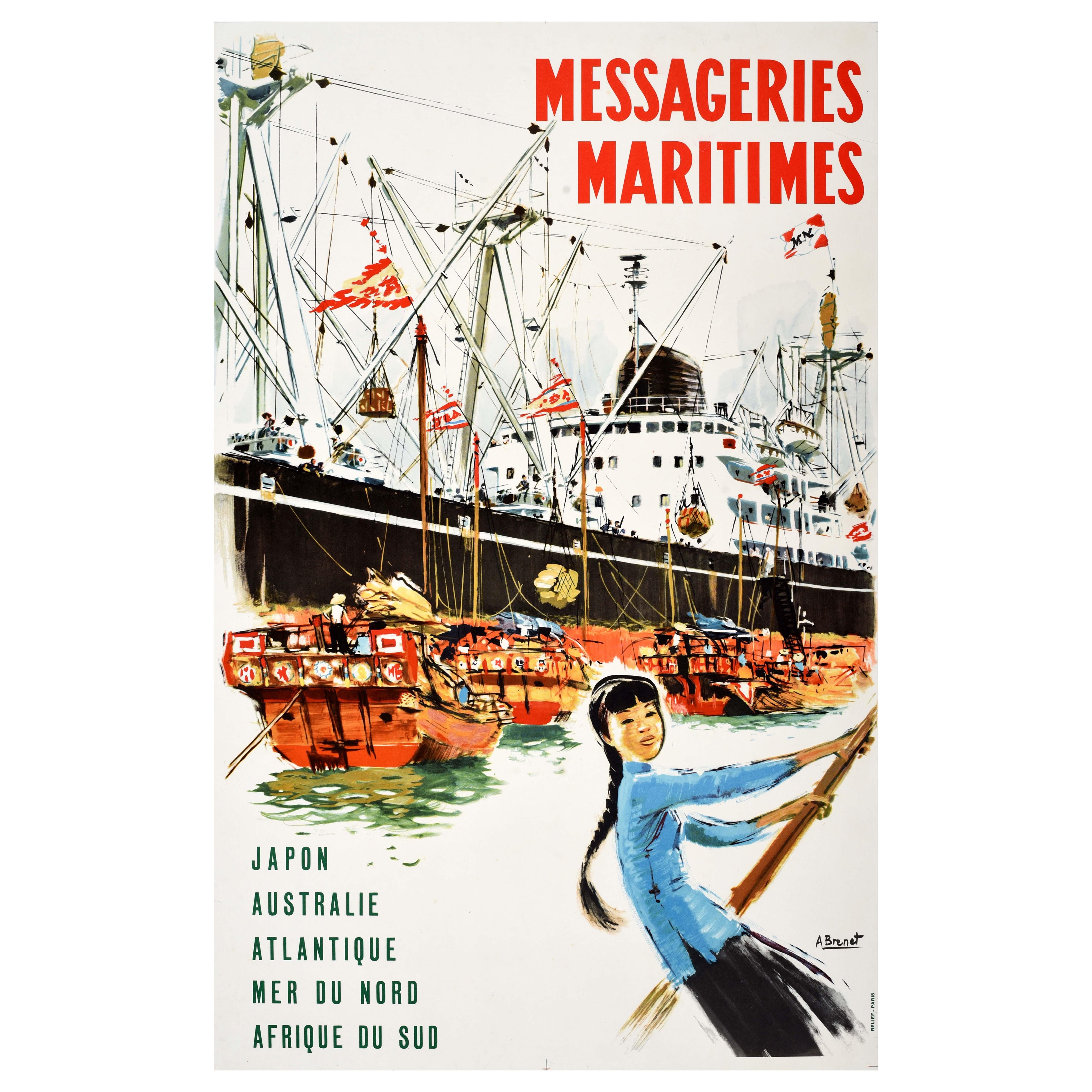 Original Vintage Cruise Travel Poster Messageries Maritimes Albert Brenet Asia