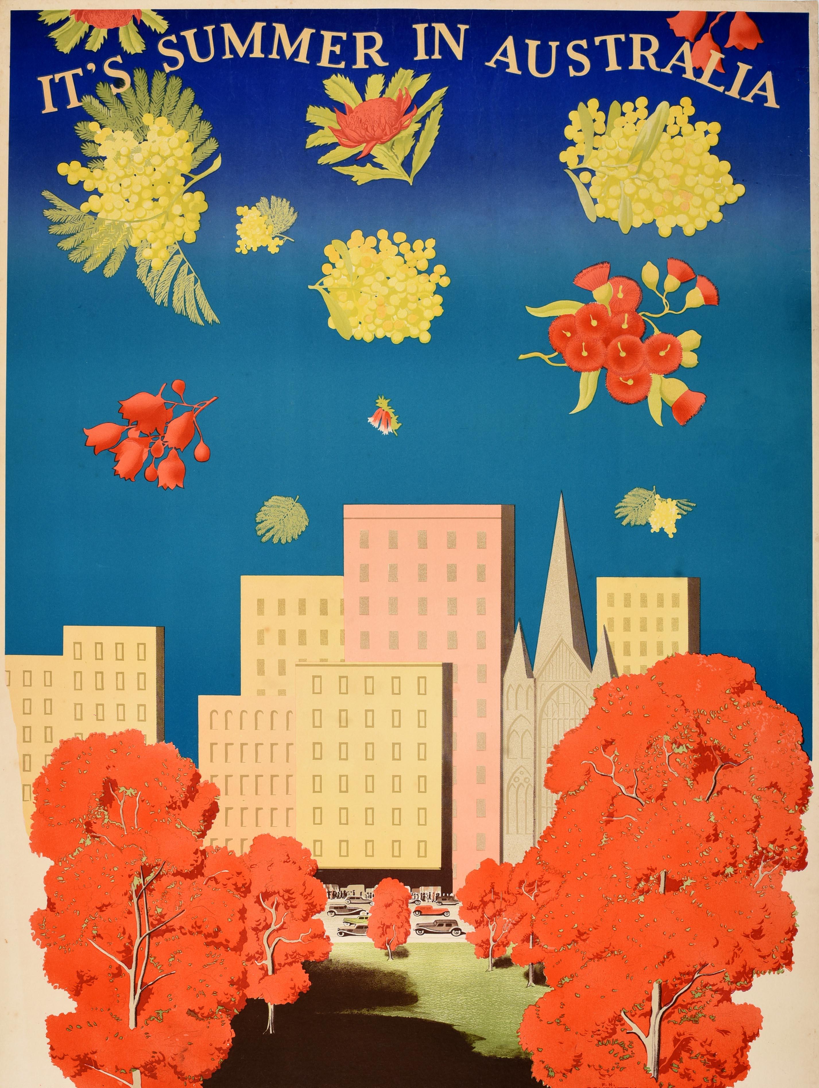 Original vintage Art Deco cruise travel poster advertising Orient Line Tours and Round Voyage Tickets - It's Summer In Australia - featuring a great design by Frederick Halford Coventry (1905-1997) depicting a park in autumn with trees in the