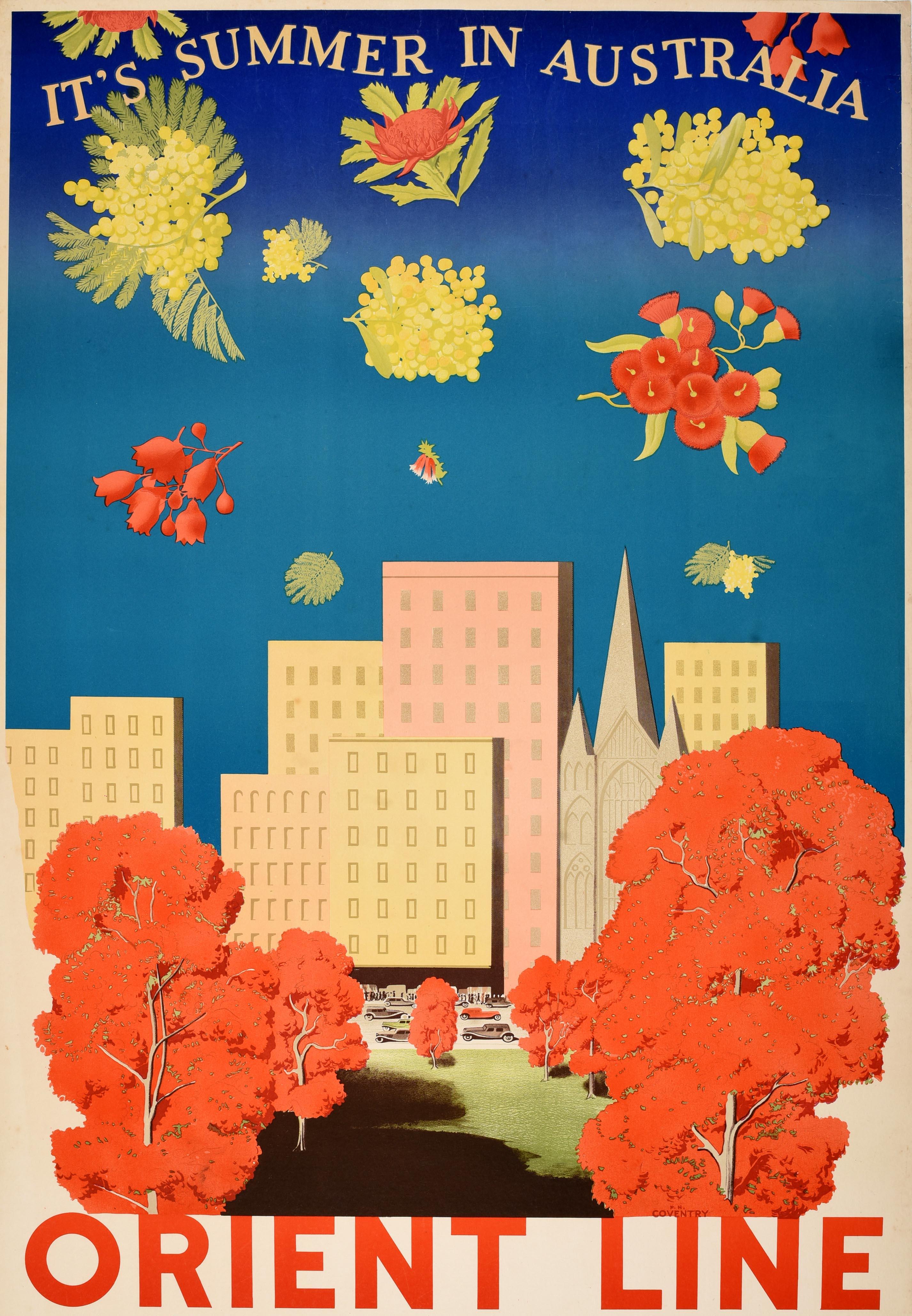 Original Vintage Cruise Travel Poster Orient Line Australia Art Deco Summer In Good Condition For Sale In London, GB
