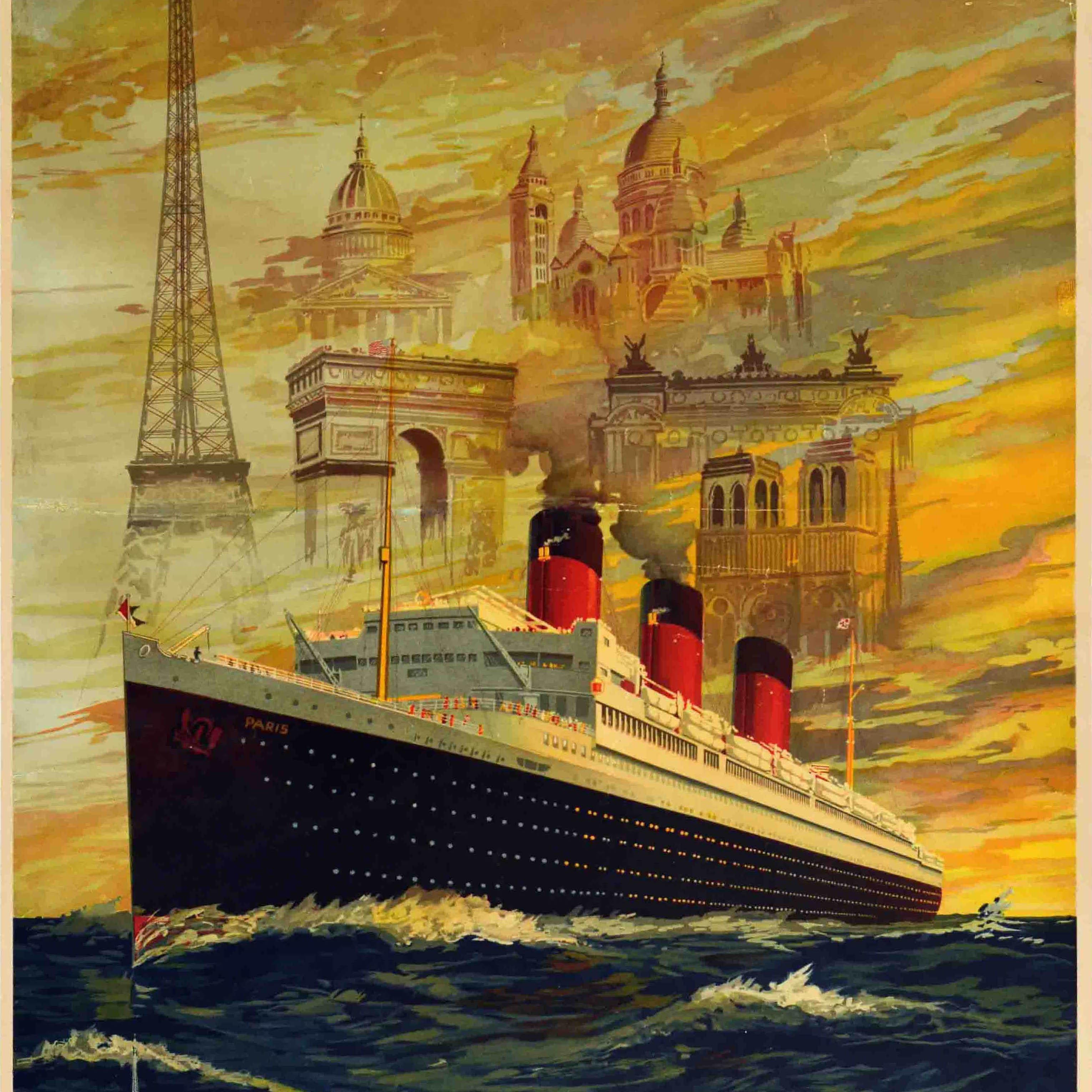 Original vintage cruise travel poster - Paris all the way to Europe When you board any French Line ship you step right into Paris itself! French Line CGT Bits of France afloat. Stunning design featuring the SS Paris (launched 1916) ocean liner