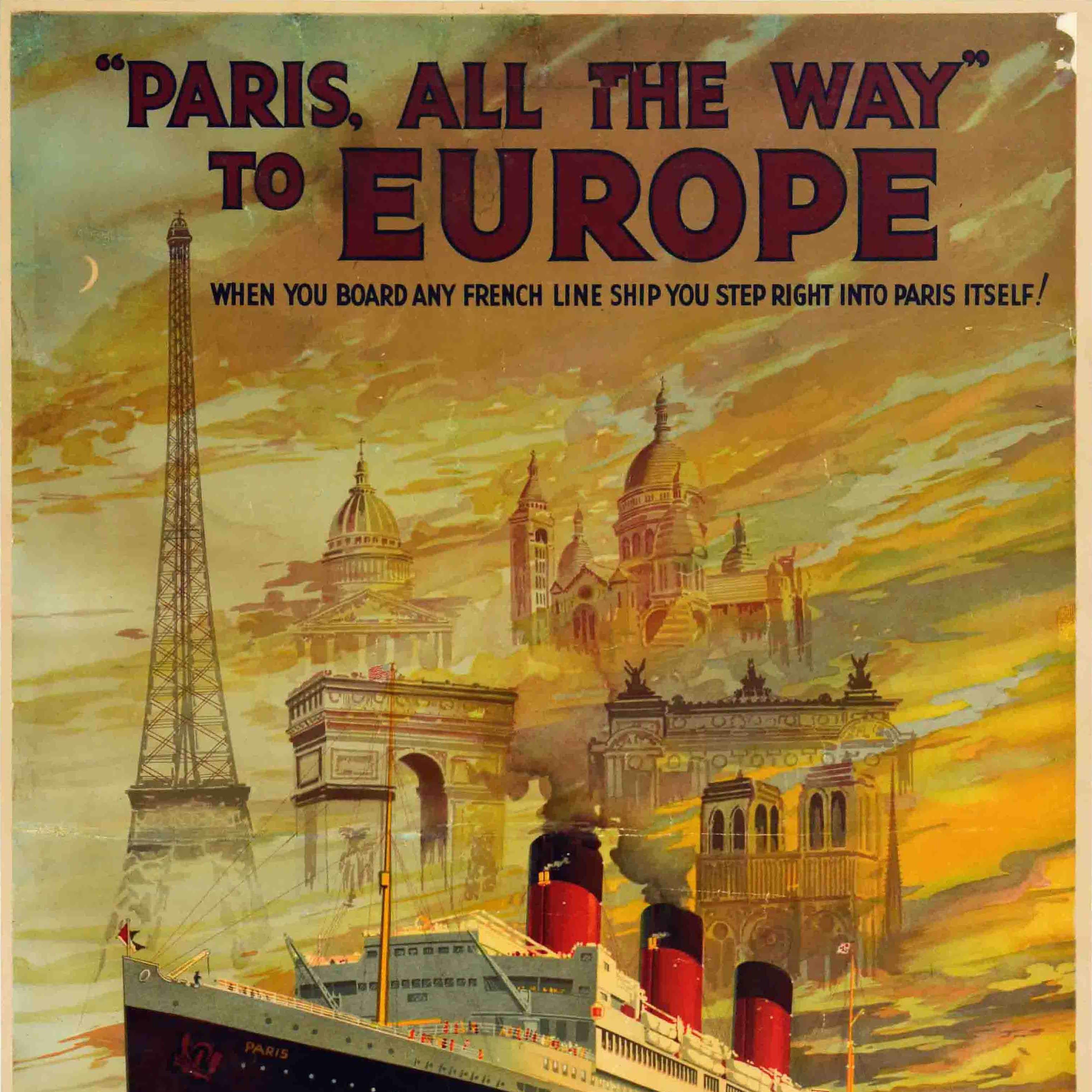 British Original Vintage Cruise Travel Poster Paris All The Way To Europe French Line For Sale