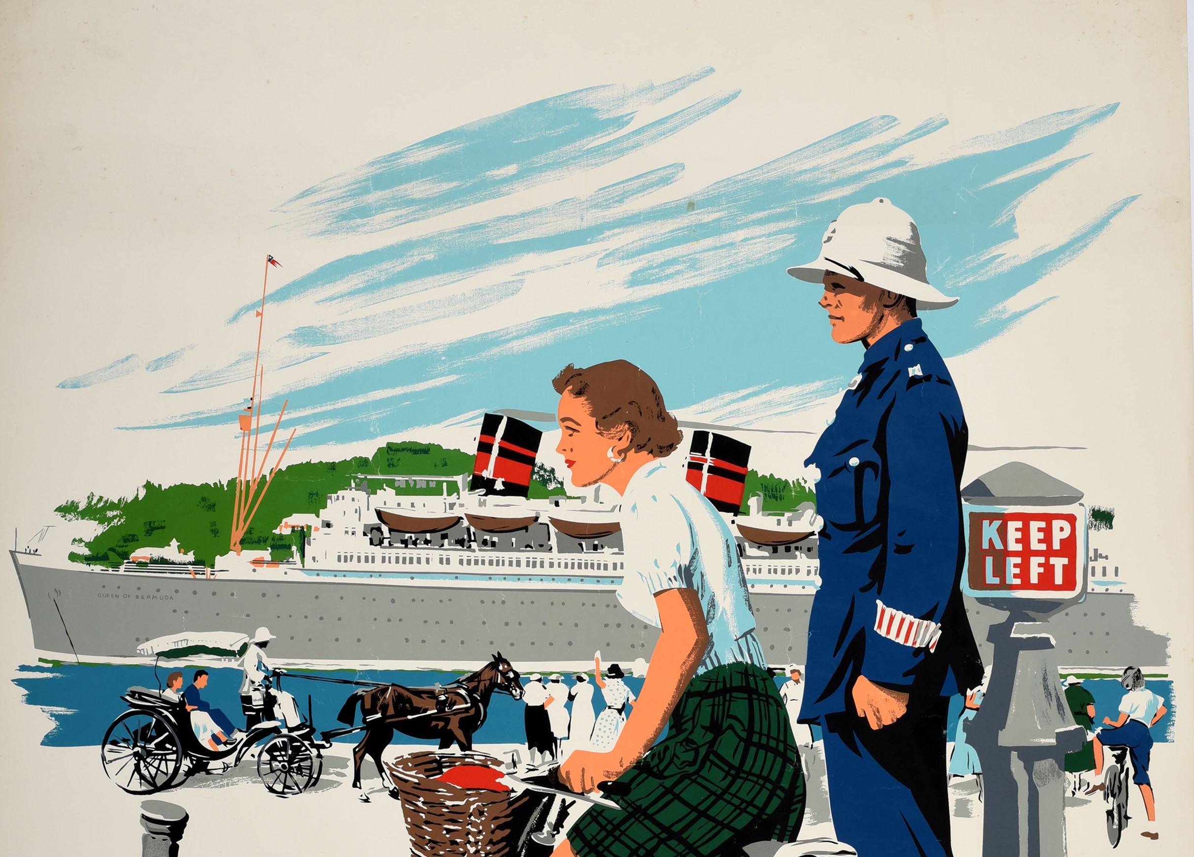 Original vintage travel poster for Bermuda - on the Queen of Bermuda. Scenic design by Adolph Treidler (1886-1981) featuring a lady wearing green chequered shorts riding a bicycle next to a policeman standing by a Keep Left notice, a couple enjoying