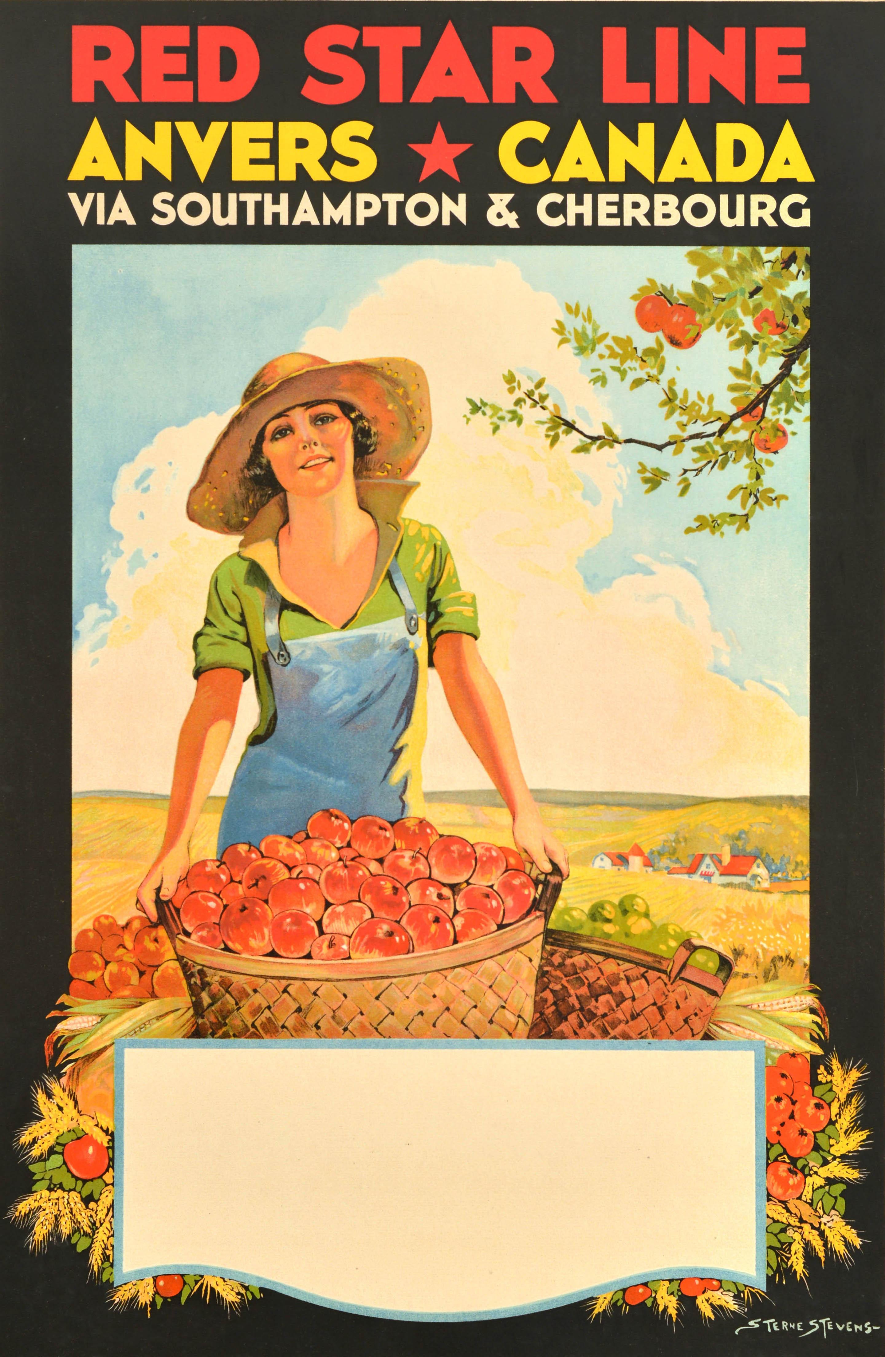 Poster pubblicitario d'epoca per una crociera - Red Star Line Anvers Canada via Southampton & Cherbourg - con un'immagine vivace e colorata di una signora che indossa una salopette blu su una camicia verde e un cappello di paglia, che tiene in mano