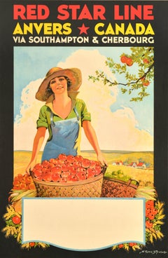 Original Vintage Cruise Travel Poster Red Star Line Anvers Antwerp Canada