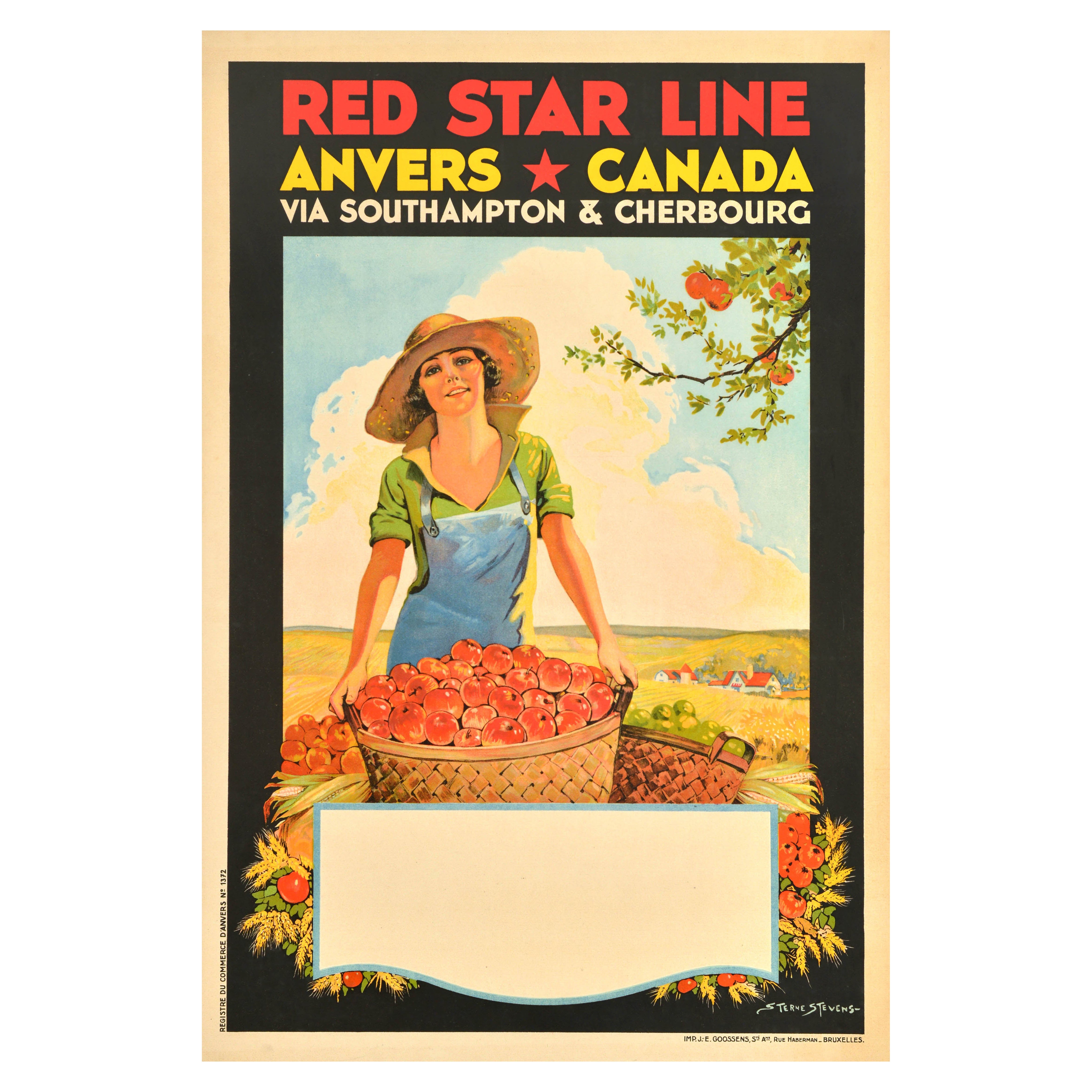 Original Vintage Cruise Travel Poster Red Star Line Anvers Antwerp Canada
