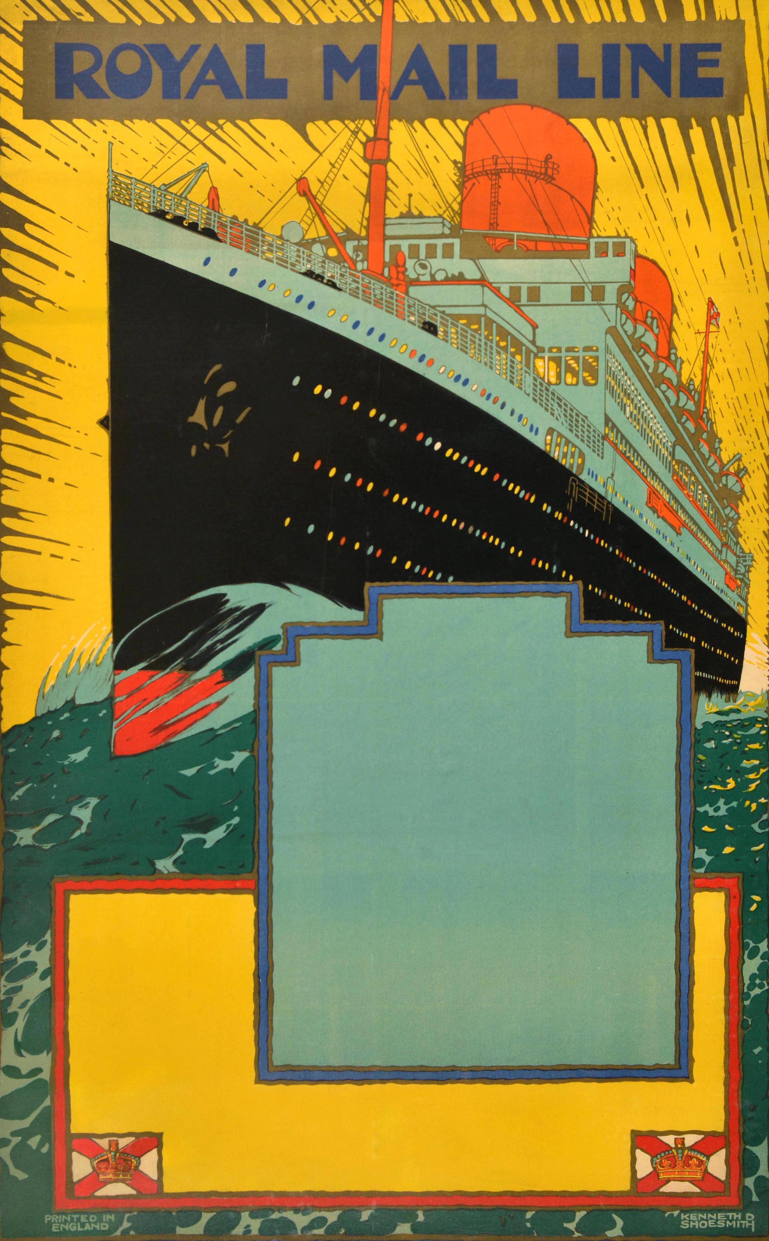 Affiche publicitaire originale de croisière pour la Royal Mail Line, avec un superbe dessin de l'artiste maritime britannique Kenneth Denton Shoesmith (1890-1939) représentant un paquebot avec des cheminées rouges et des lumières de différentes