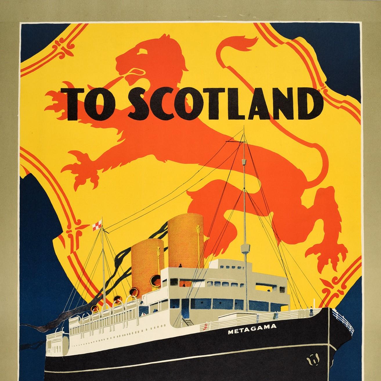 Original vintage cruise travel poster - To Scotland Canadian Pacific Steamships - featuring a dynamic design depicting a large red and yellow Royal Banner of Scotland flag with the lion rampant inside the decorative fleur-de-lis border flying above