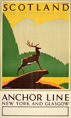 Original Vintage Cruise Travel Poster Scotland Land Of Romance Anchor Line Stag