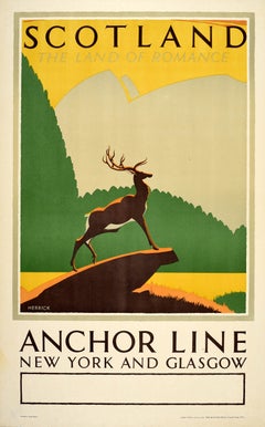 Original Vintage Cruise Travel Poster Scotland Land Of Romance Anchor Line Stag