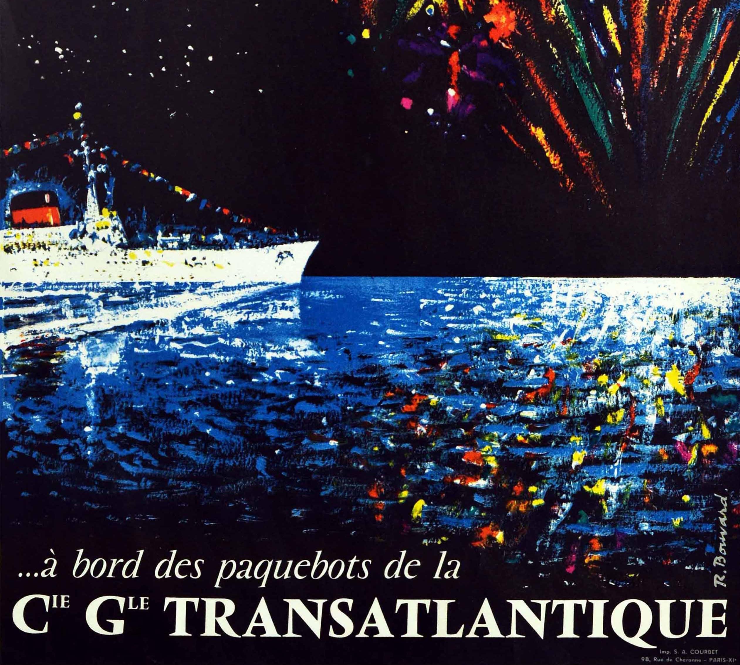Original Vintage Cruise Travel Poster Toujours Fete CGT Ocean Liner Fireworks In Good Condition In London, GB