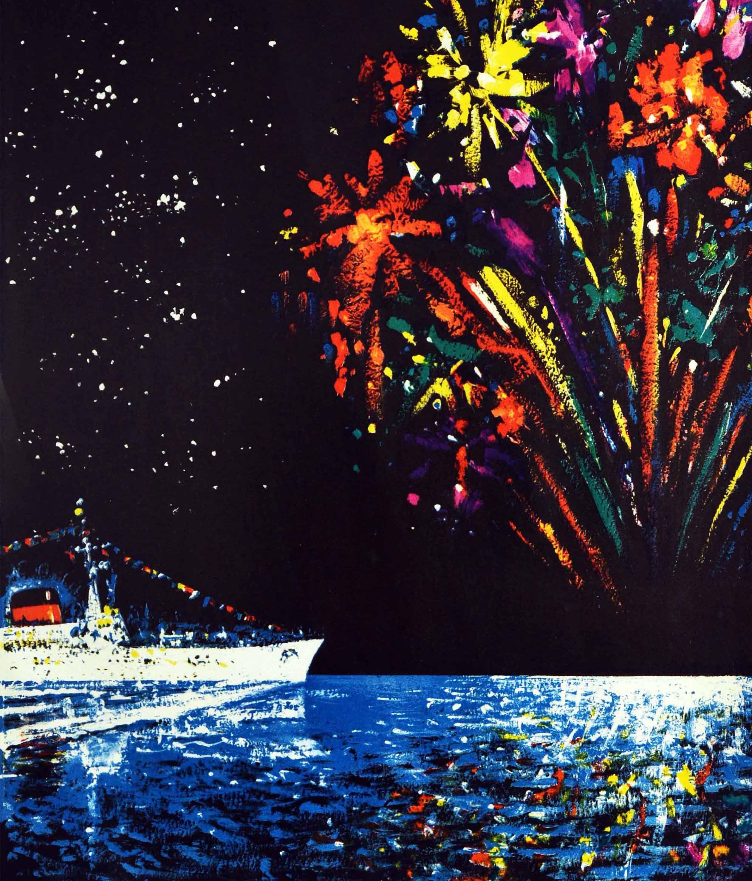 Mid-20th Century Original Vintage Cruise Travel Poster Toujours Fete CGT Ocean Liner Fireworks