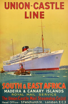 Original Vintage Cartel de Viaje en Crucero Union Castle Line África Meridional y Oriental
