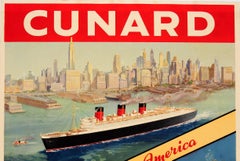 Original Vintage Cunard Poster Queen Mary New York & Queen Elizabeth Southampton