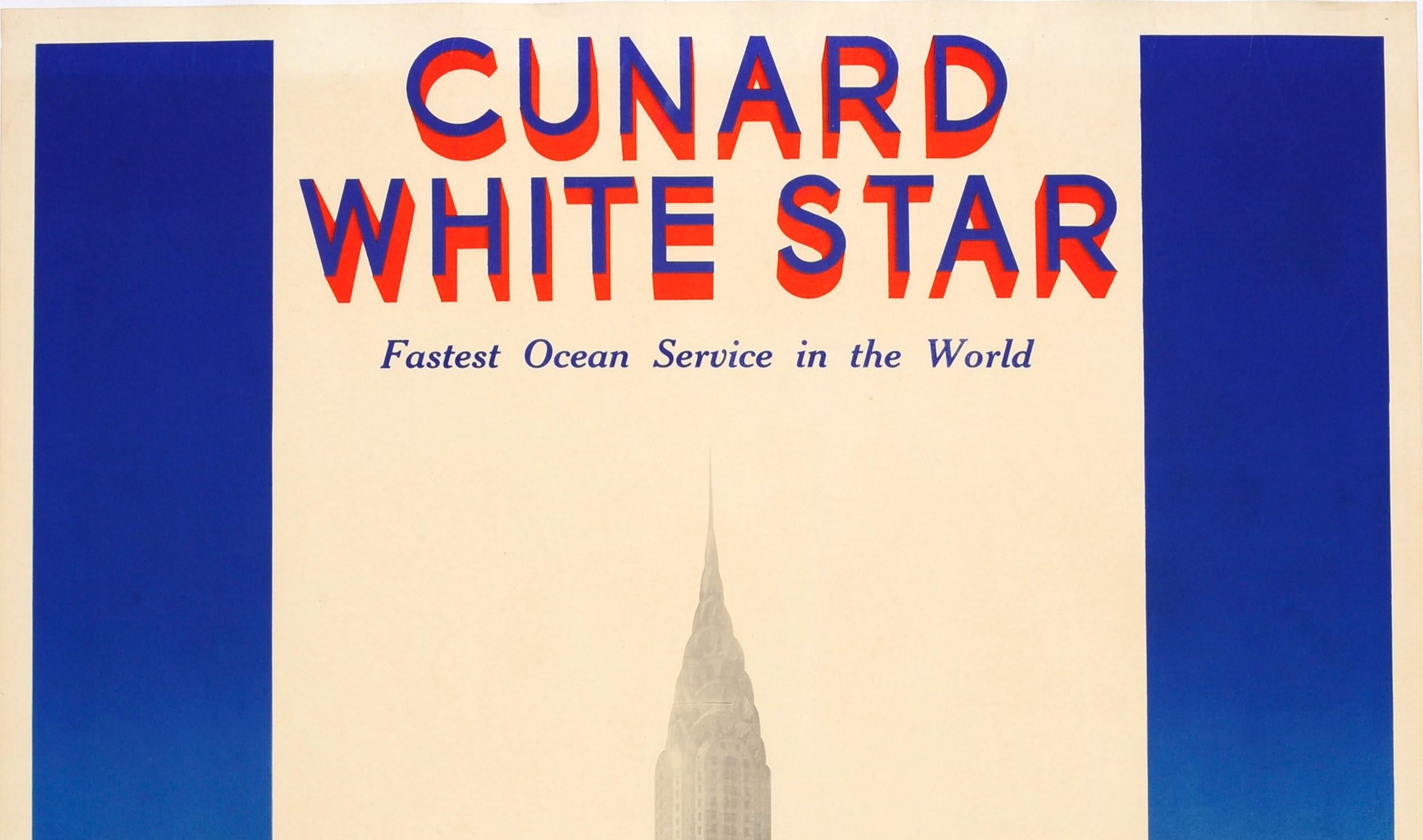 Original vintage travel advertising poster for Cunard White Star Fastest Ocean Service in the World. Stunning Art Deco style illustration of the two majestic flagship transatlantic ocean liners, the RMS Queen Mary and the RMS Queen Elizabeth,