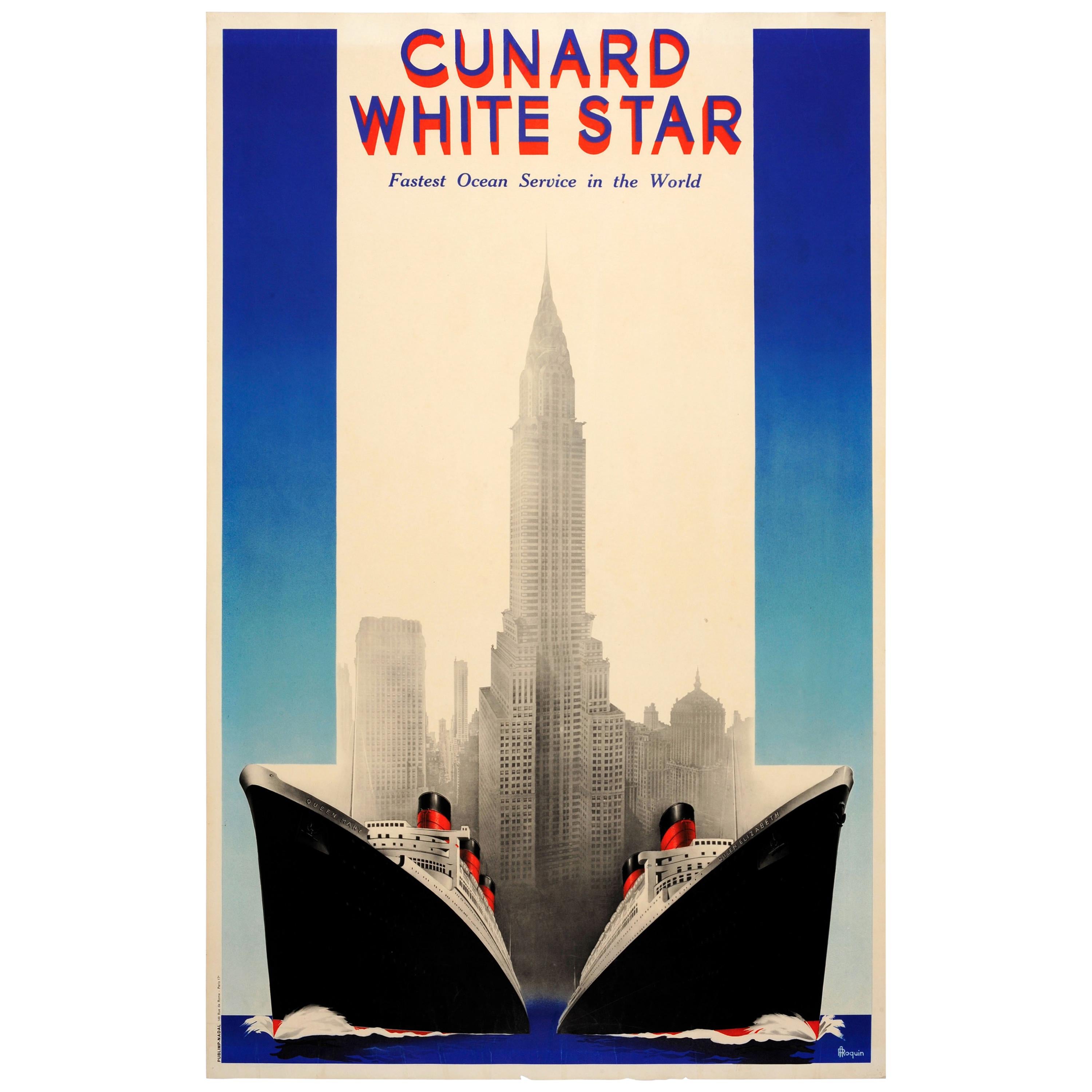 Original Vintage Cunard White Star Ocean Liner Poster Queen Mary Queen Elizabeth