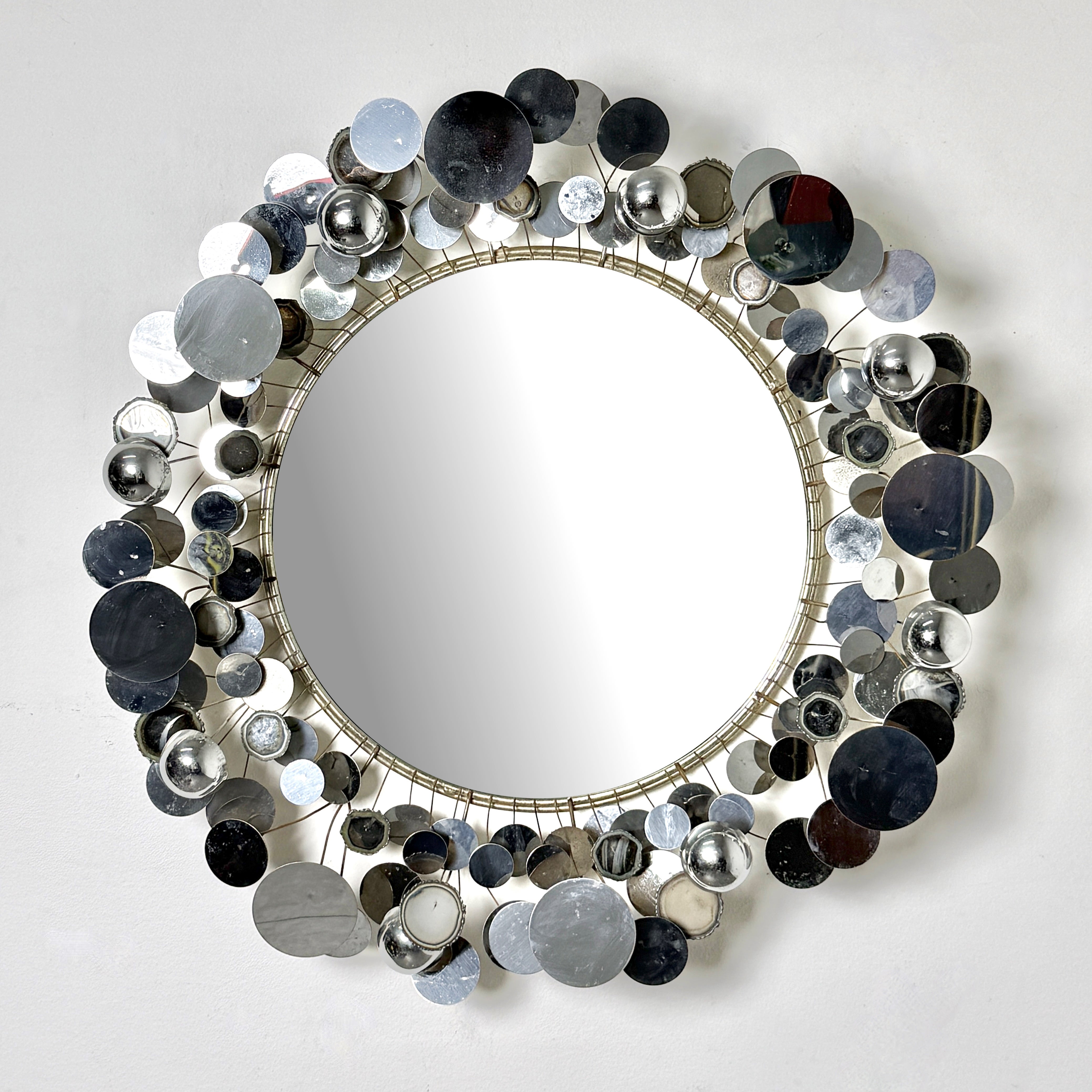 Original Vintage Curtis Jere Chrome Raindrops Round Mirror Wall Sculpture 1970s