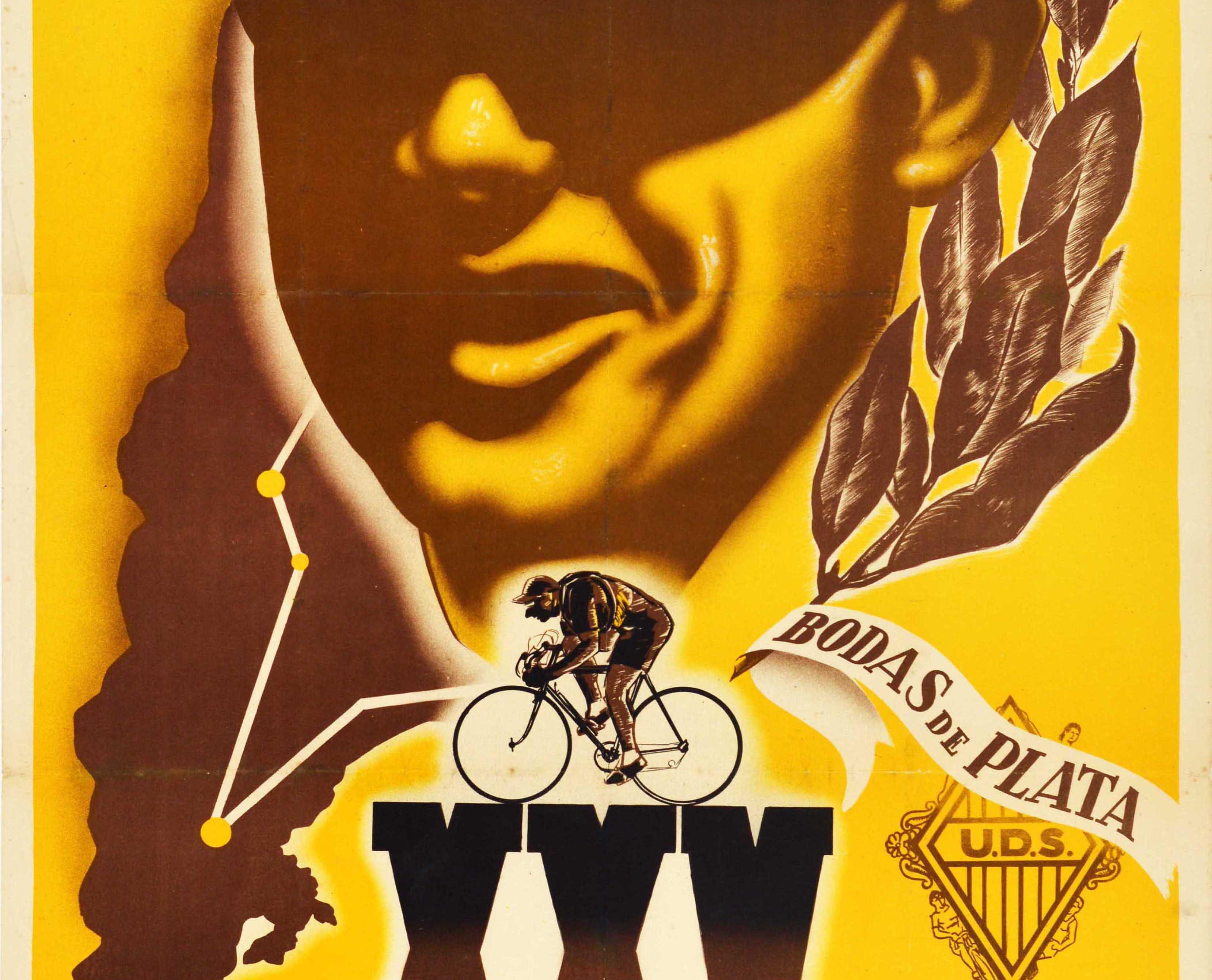 Original vintage cycling poster for the XXV Vuelta Ciclista a Cataluna V Gran Premio Bodas de Plata / XXV Catalonia Cycling Tour V Grand Prix Silver Anniversary held from 2-16 September 1945 featuring a great Art Deco style design showing a man in a