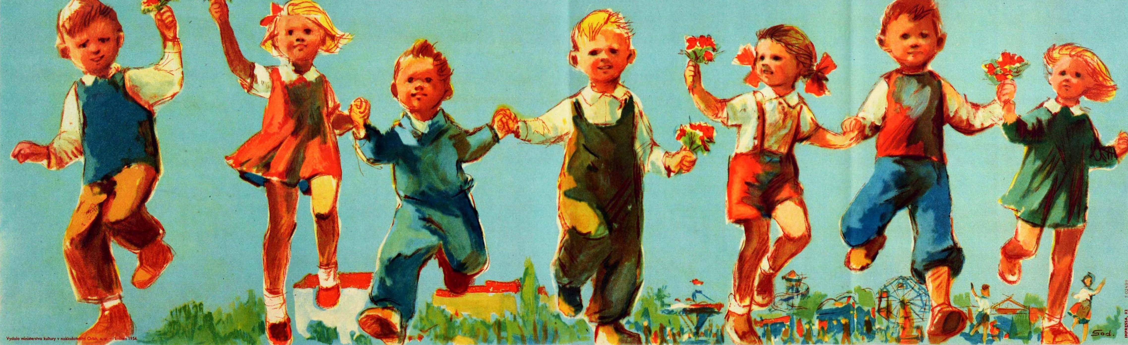 Original vintage propaganda poster commemorating the first International Children's Day / Mezinarodni Den Deti featuring smiling young boys and girls holding flowers and running together in a line towards the viewer, the text against the blue sky