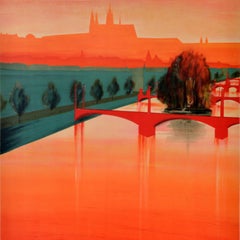 Original Vintage Czech Travel Poster Praha Prague Vltava River Charles Bridge