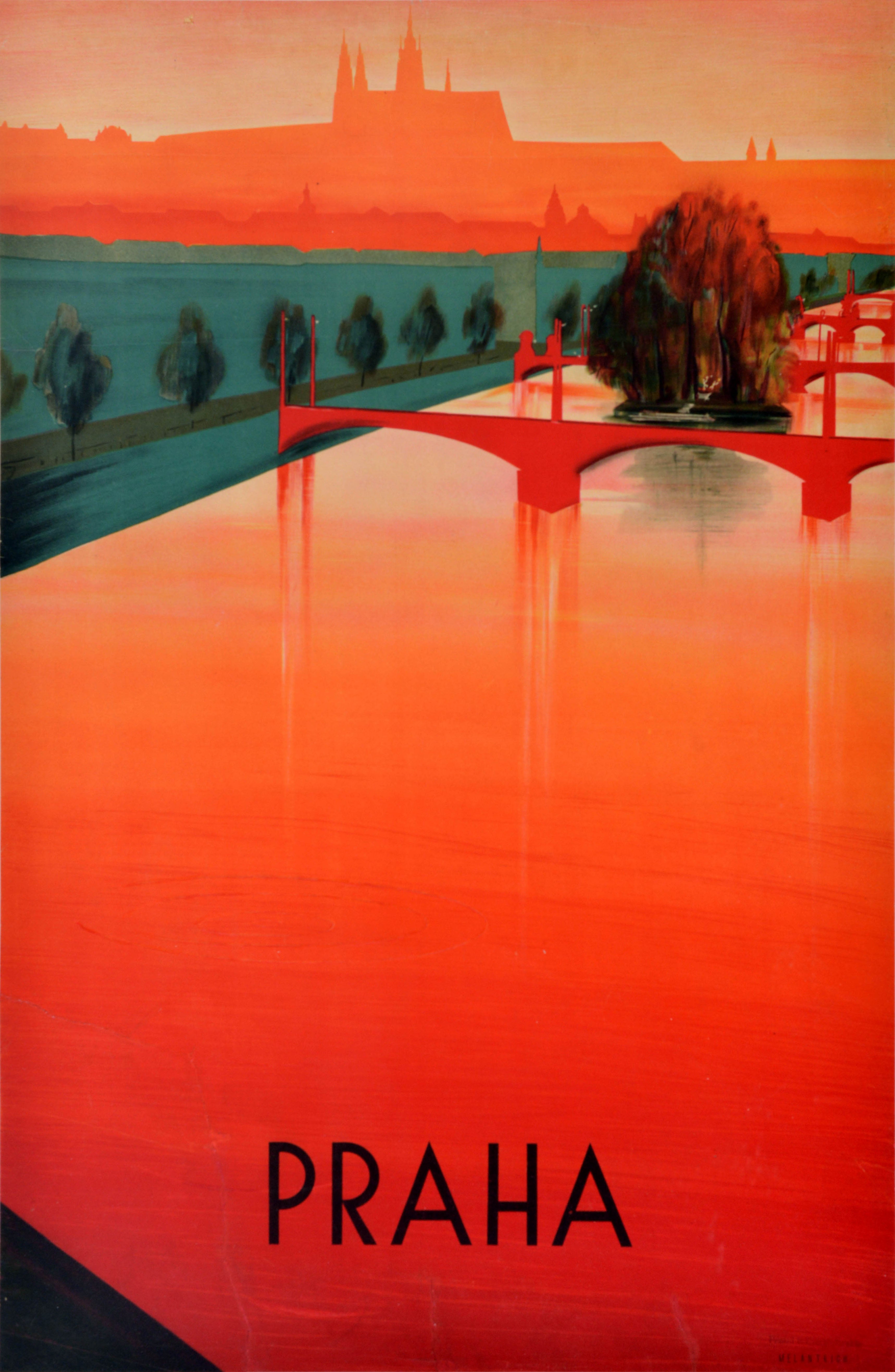 Póster de viaje original vintage checo Praga Praga Moldava Puente Charles