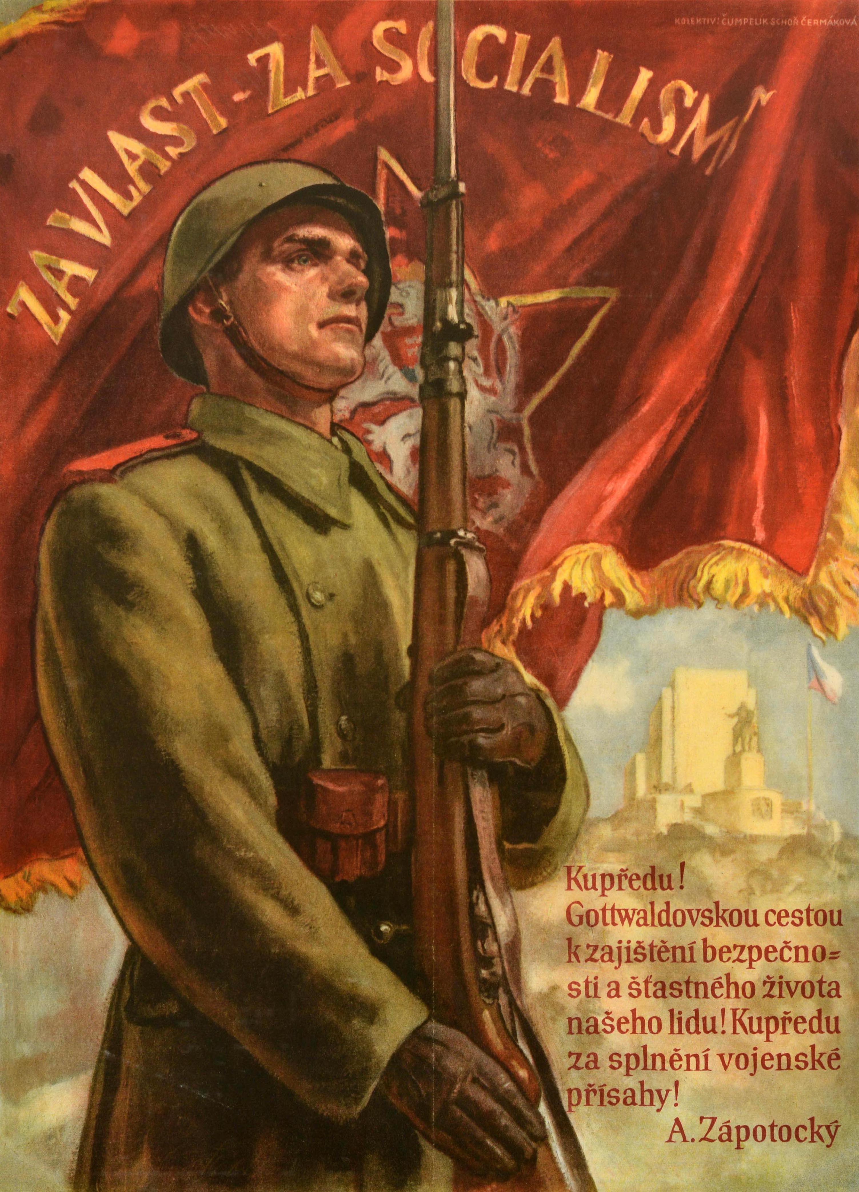 Original vintage Czechoslovak propaganda poster - Za Vlast Za Socialism! / For Motherland For Socialism - featuring dynamic artwork of a soldier in uniform and armed with a rifle gun standing guard in front of the gold title text and silver Bohemian