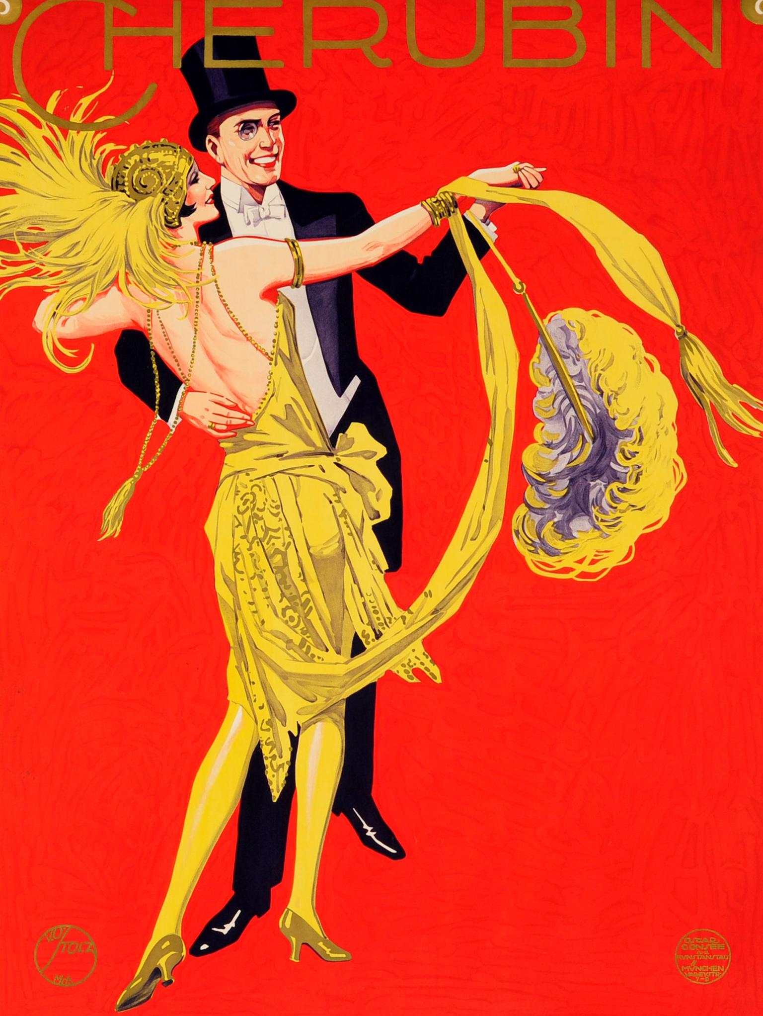 Original vintage German advertising poster for the Munich Fasching Lent Carnival at the Cherubin on 7-8 January 1928 featuring a colourful illustration by Viktor Otto Stolz (1874-1955) of a smiling couple dancing against a red background, the
