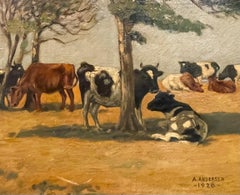 Peinture à l'huile danoise originale d'un paysage avec vaches