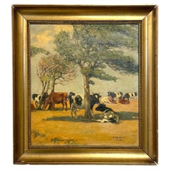 Original vintage Danish oil painting of landscape with cows