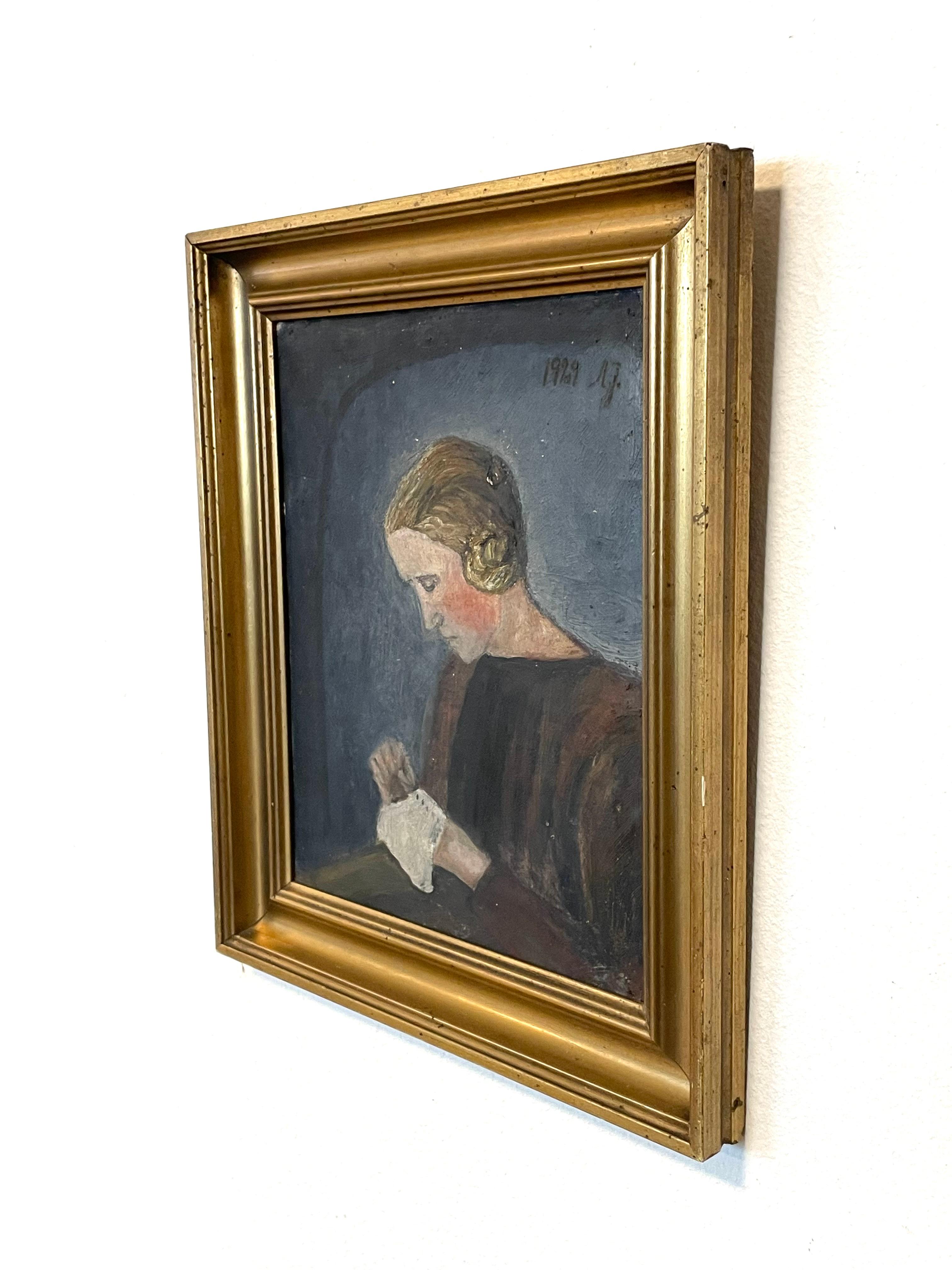 Peinture à l'huile danoise vintage originale représentant une femme travaillée à l'aiguille en vente 6