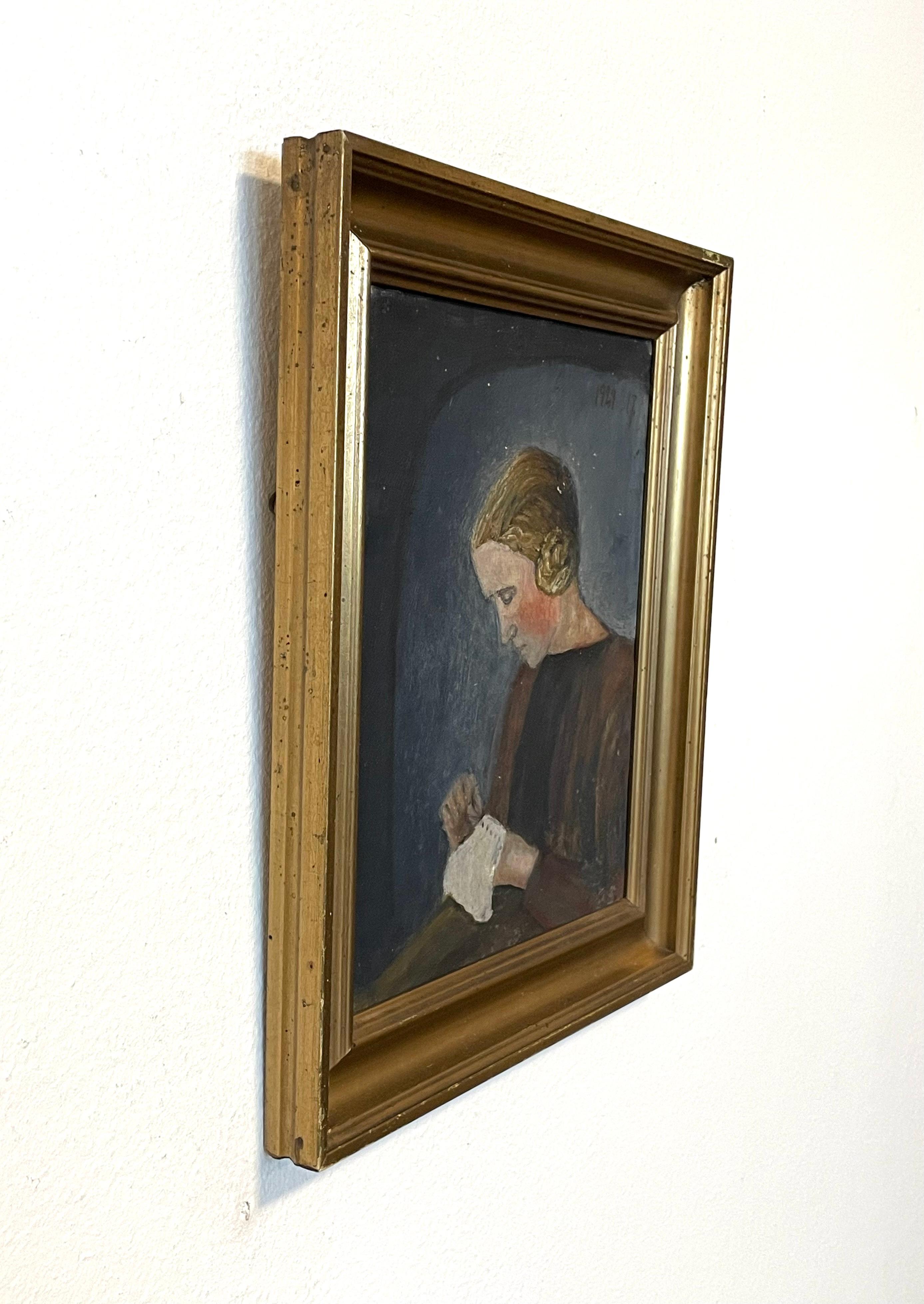 Peinture à l'huile danoise vintage originale représentant une femme travaillée à l'aiguille en vente 7