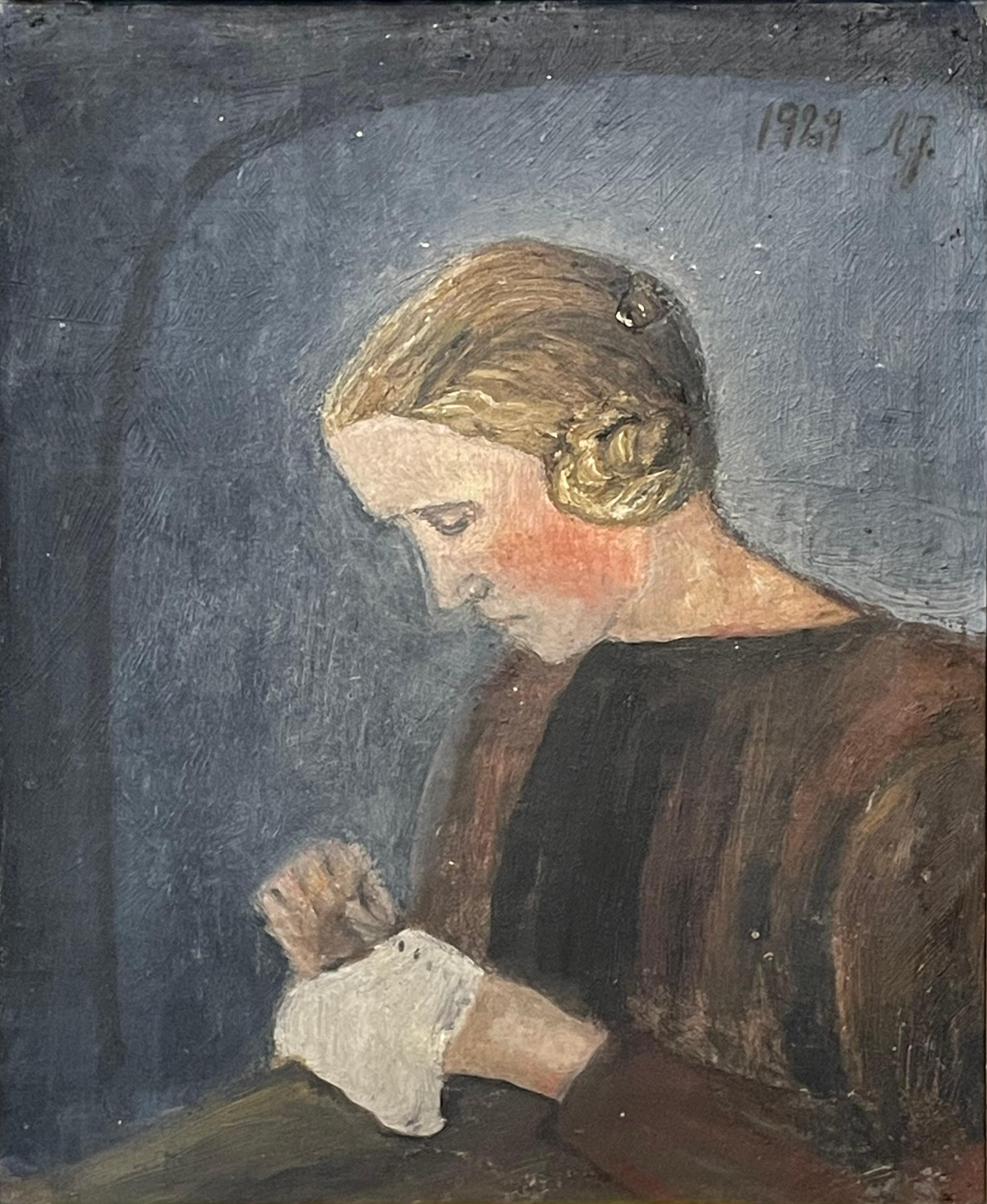 This is an original 1929 oil on plate painting from Denmark. The motive is a woman doing needlework in a dark setting.

The painting is signed and dated by the artist. It is framed in a solid gold painted wooden frame.

Signs of age:
Few spots of