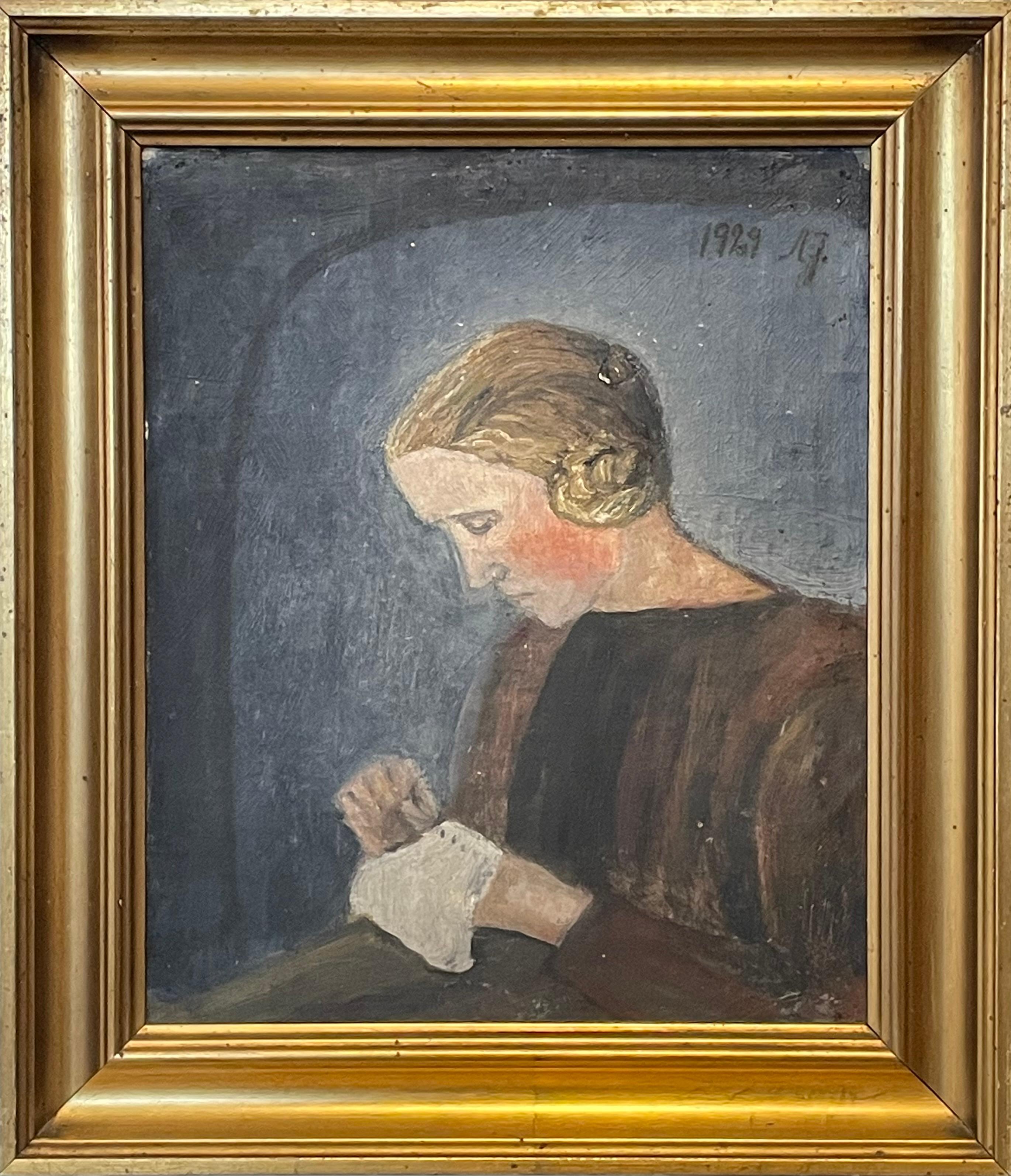 Danois Peinture à l'huile danoise vintage originale représentant une femme travaillée à l'aiguille en vente