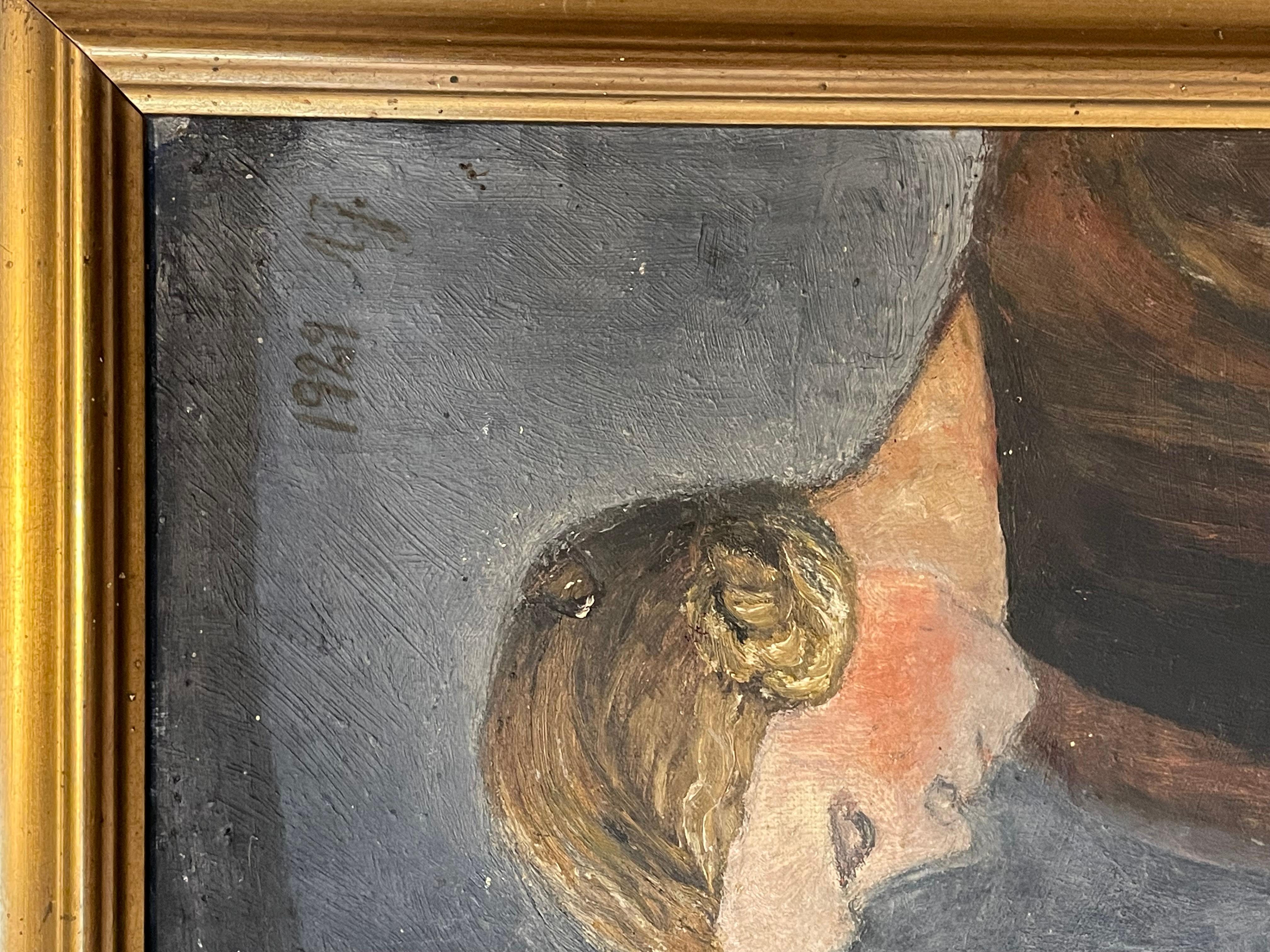 20ième siècle Peinture à l'huile danoise vintage originale représentant une femme travaillée à l'aiguille en vente