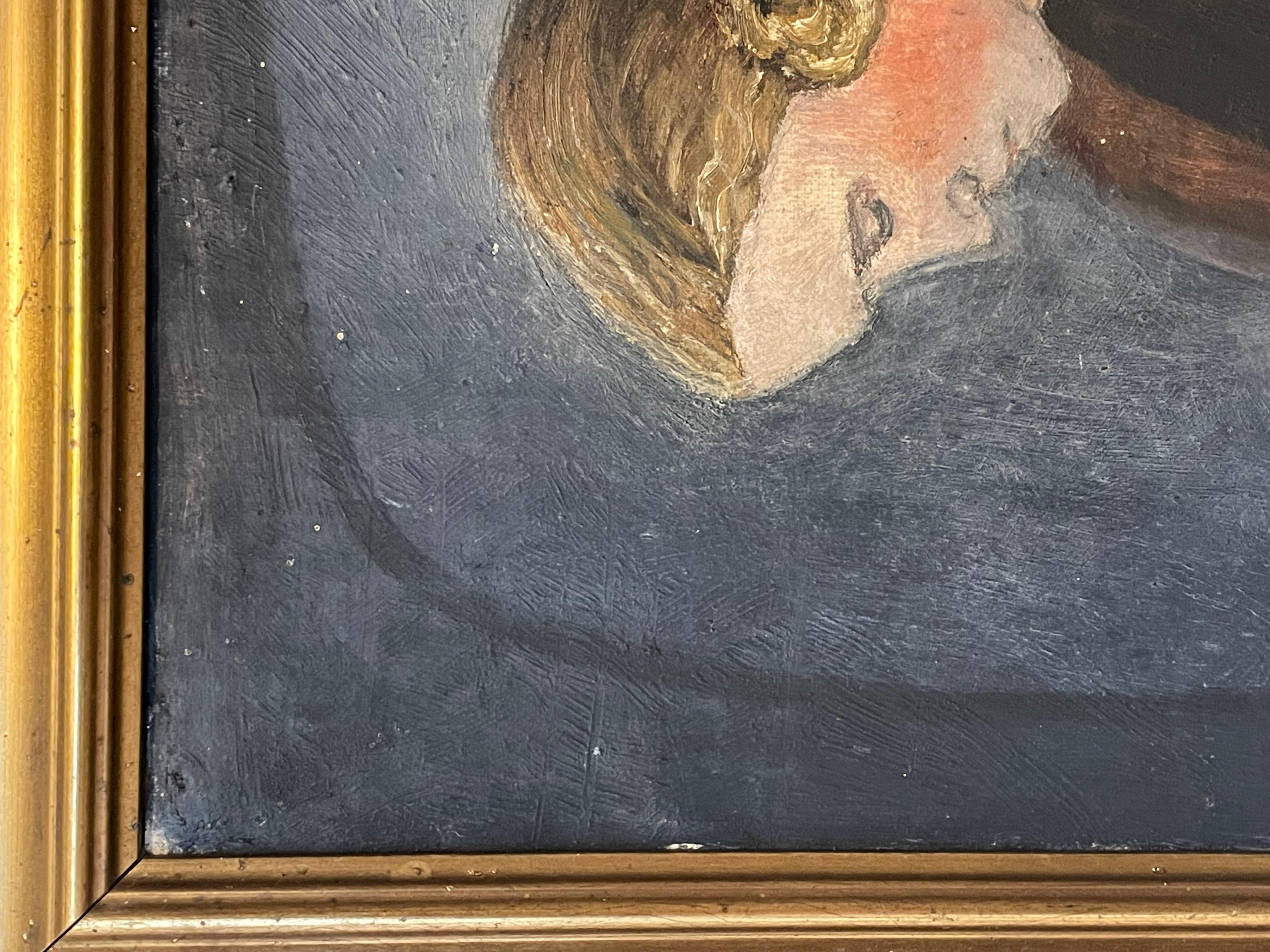 Peinture à l'huile danoise vintage originale représentant une femme travaillée à l'aiguille en vente 1