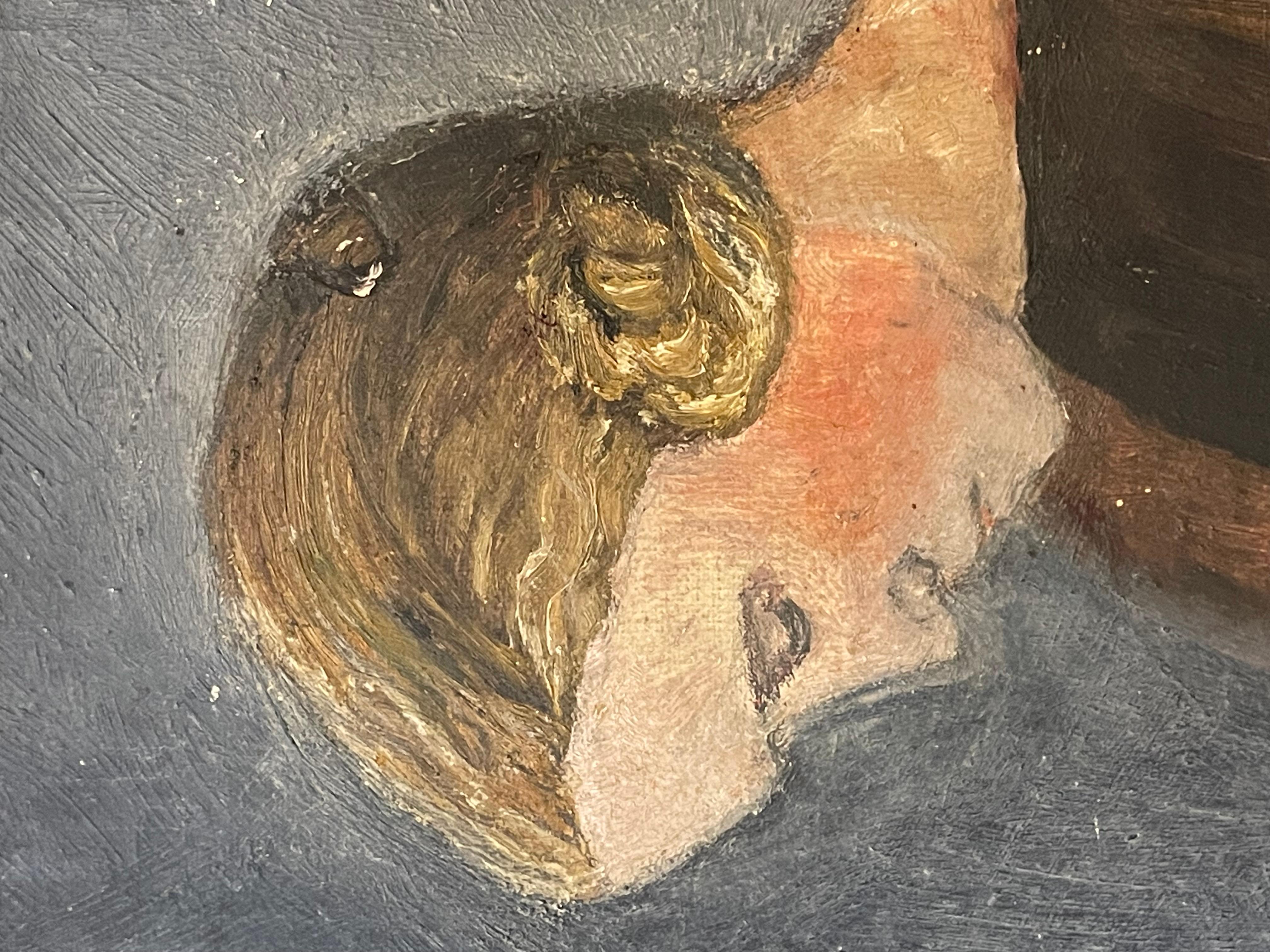 Peinture à l'huile danoise vintage originale représentant une femme travaillée à l'aiguille en vente 4
